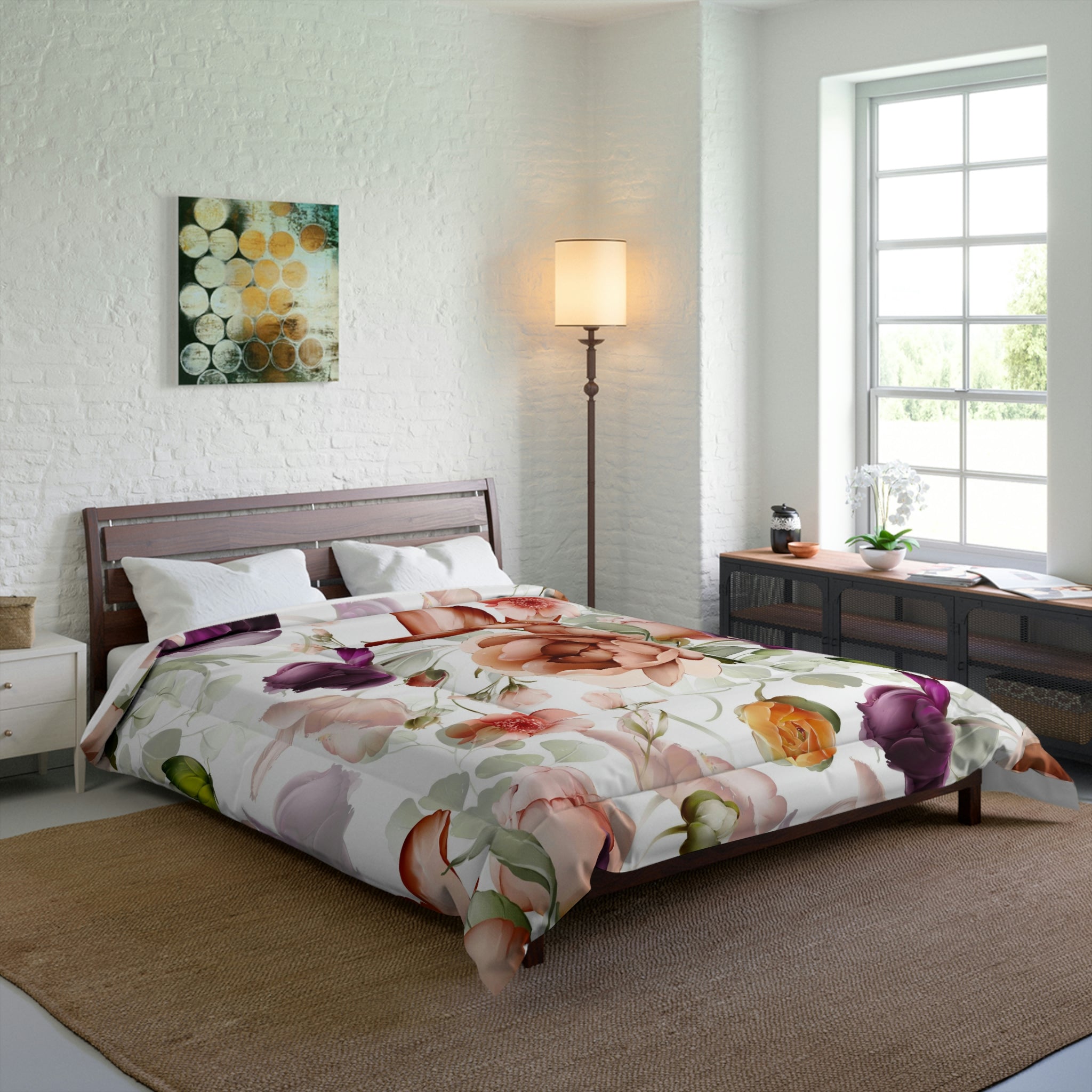 Floral Comforter | White Purple Rust Peonies Garden