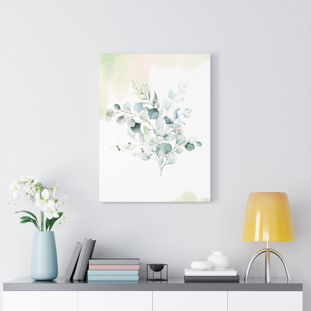 FLORAL WALL CANVAS ART | White Green Eucalyptus Leaves