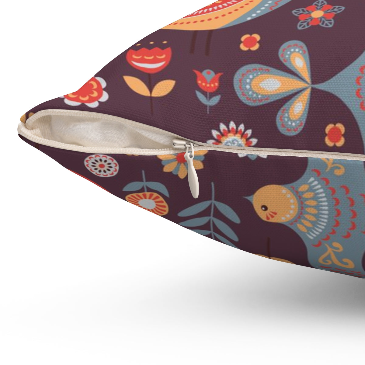 Scandi Nordic Boho Square Pillow Cover | Burgundy Folk Birds