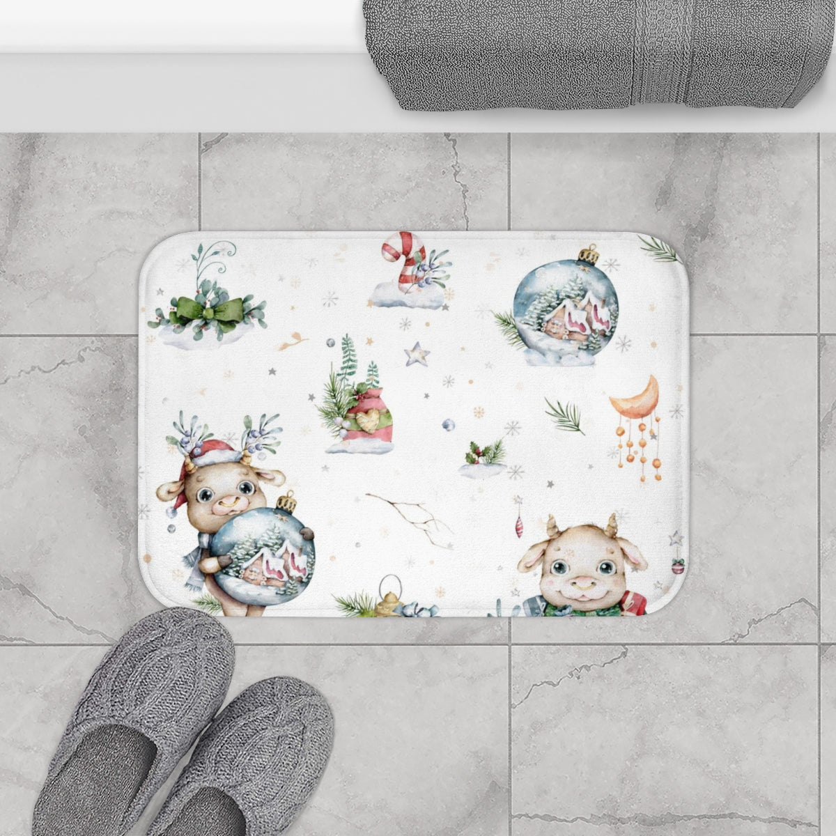 Christmas Bath Mat | White Winter Baby Pig Snow Globe