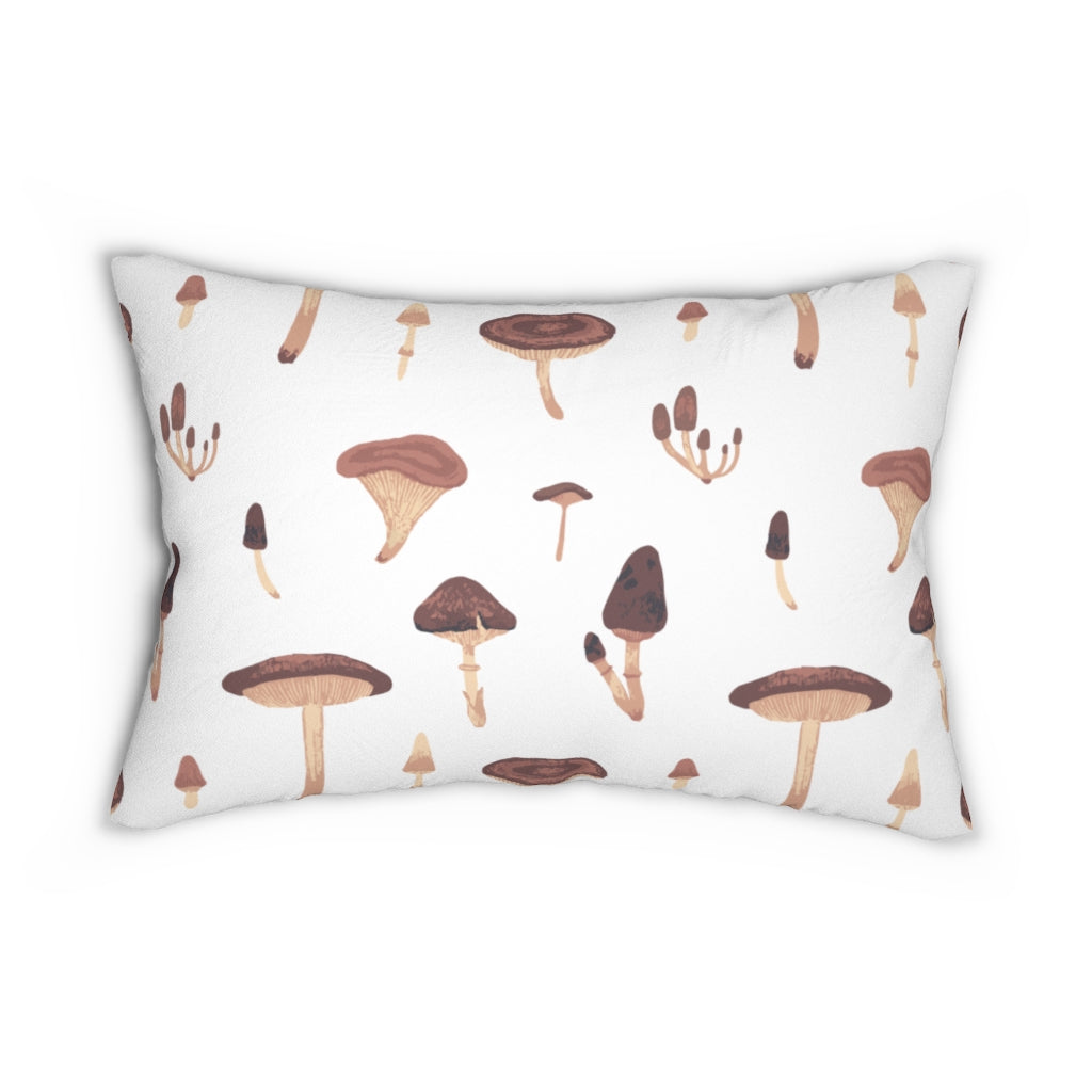 Whimsical Boho Lumbar Pillow | White Brown Mushrooms