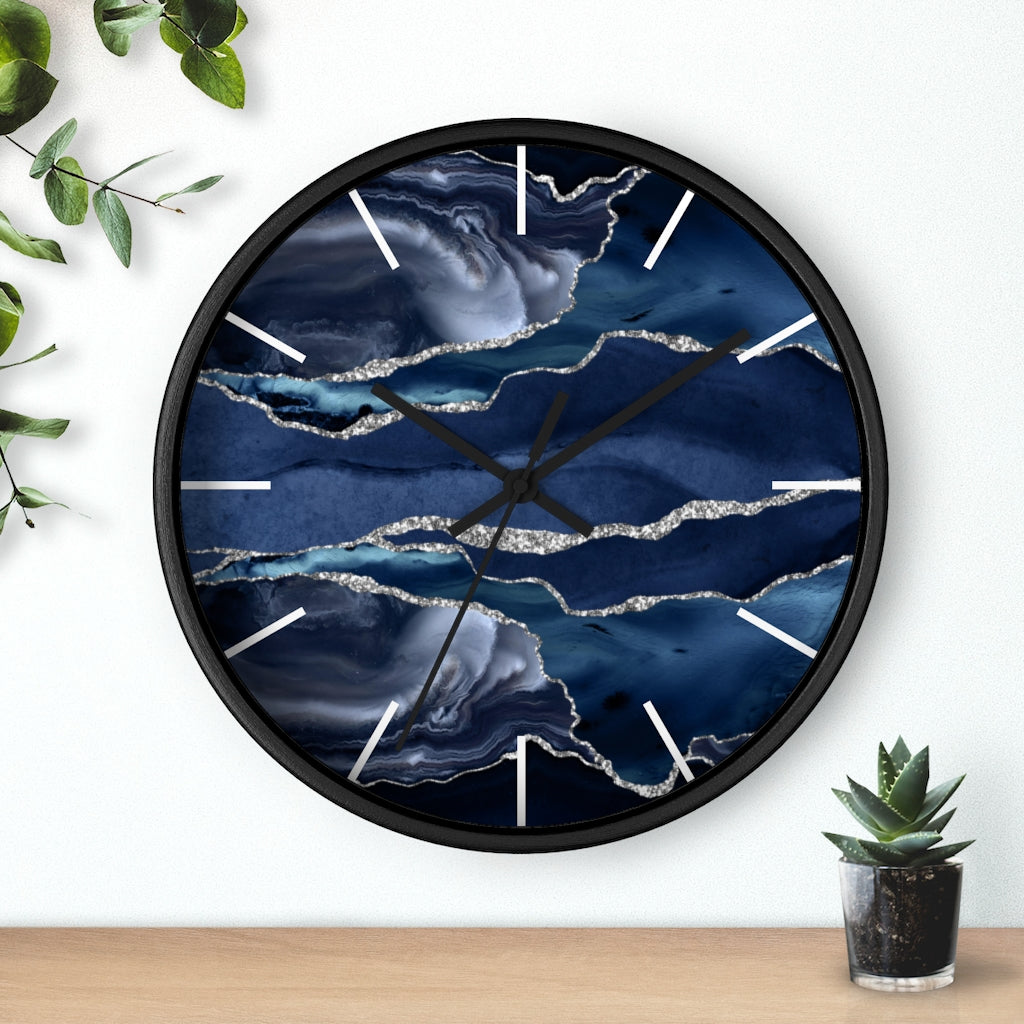 Marble Print, Navy Silver, Wood Wall Clock 10"