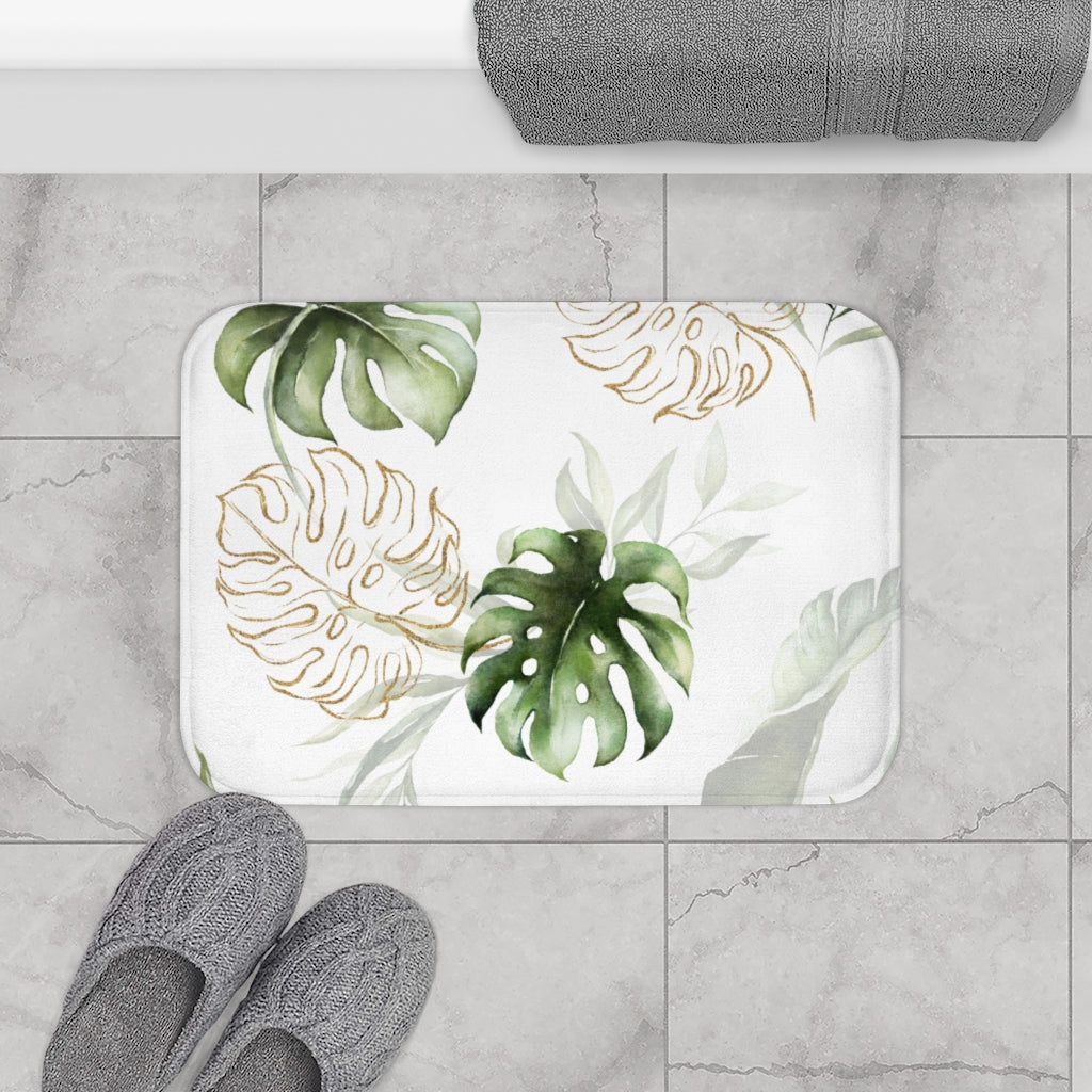 Floral Bath Mat | Green Gold White, Monstera