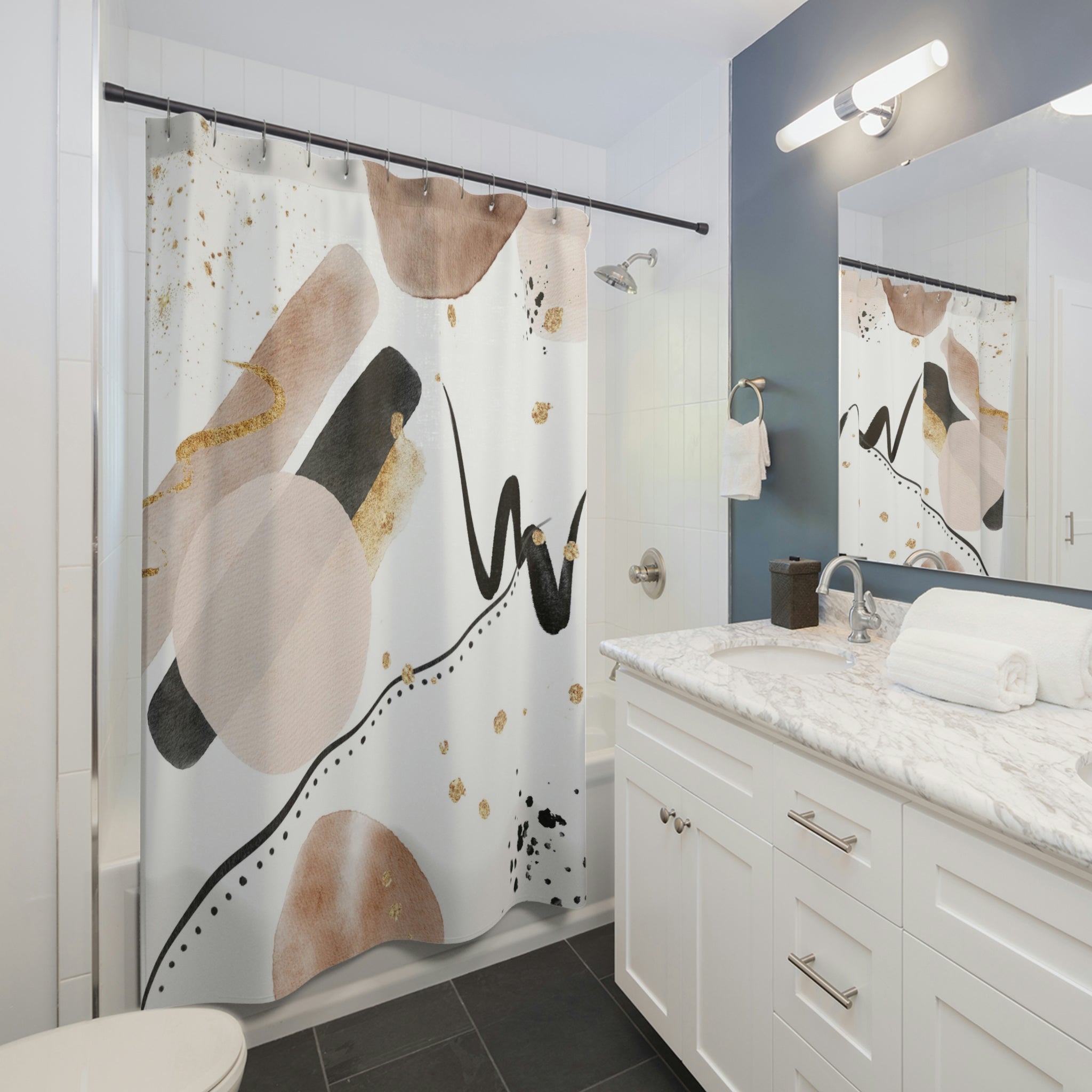 Boho Shower Curtain | Abstract White Beige Balck