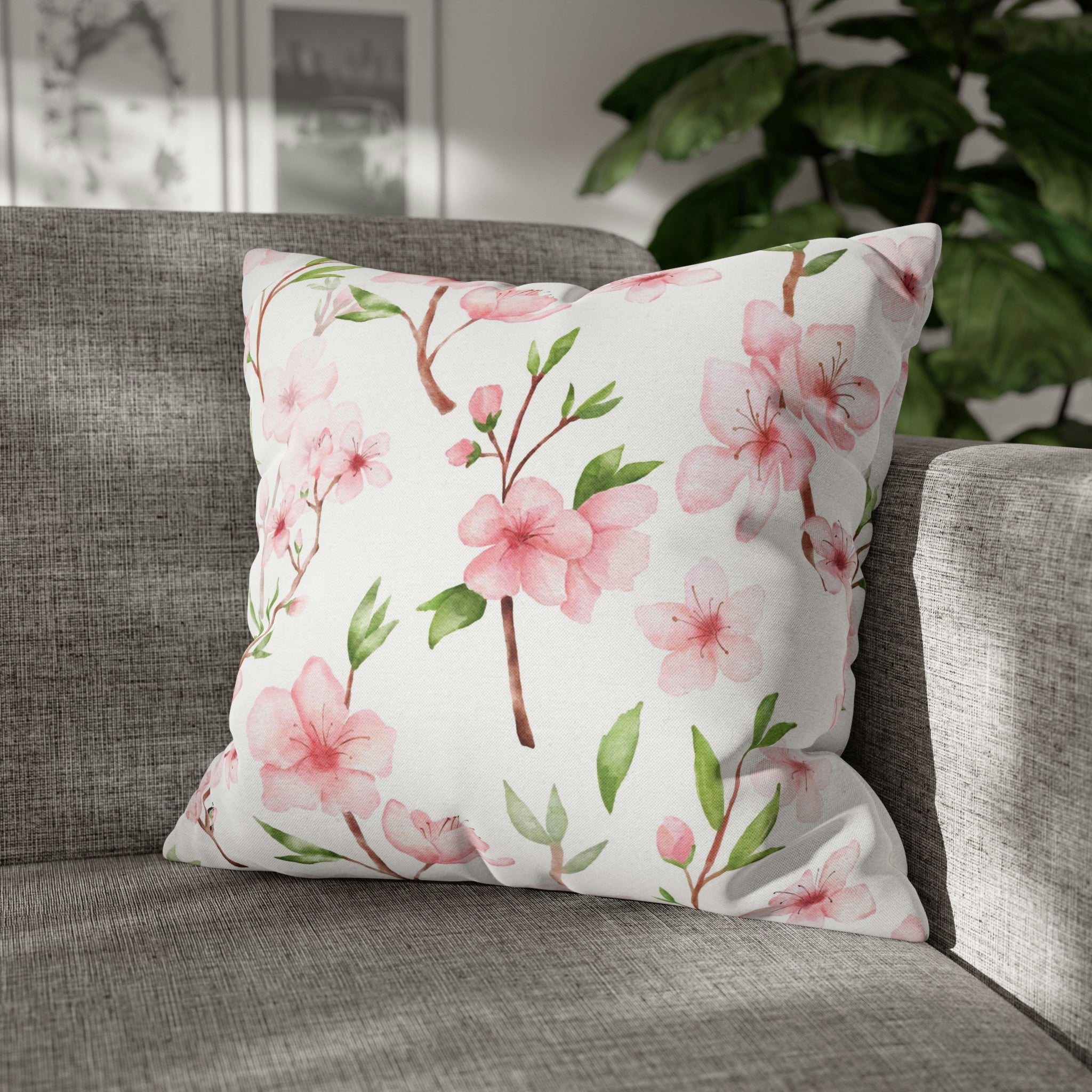 Floral Boho Pillow Cover | Pink Green Sakura Watercolor