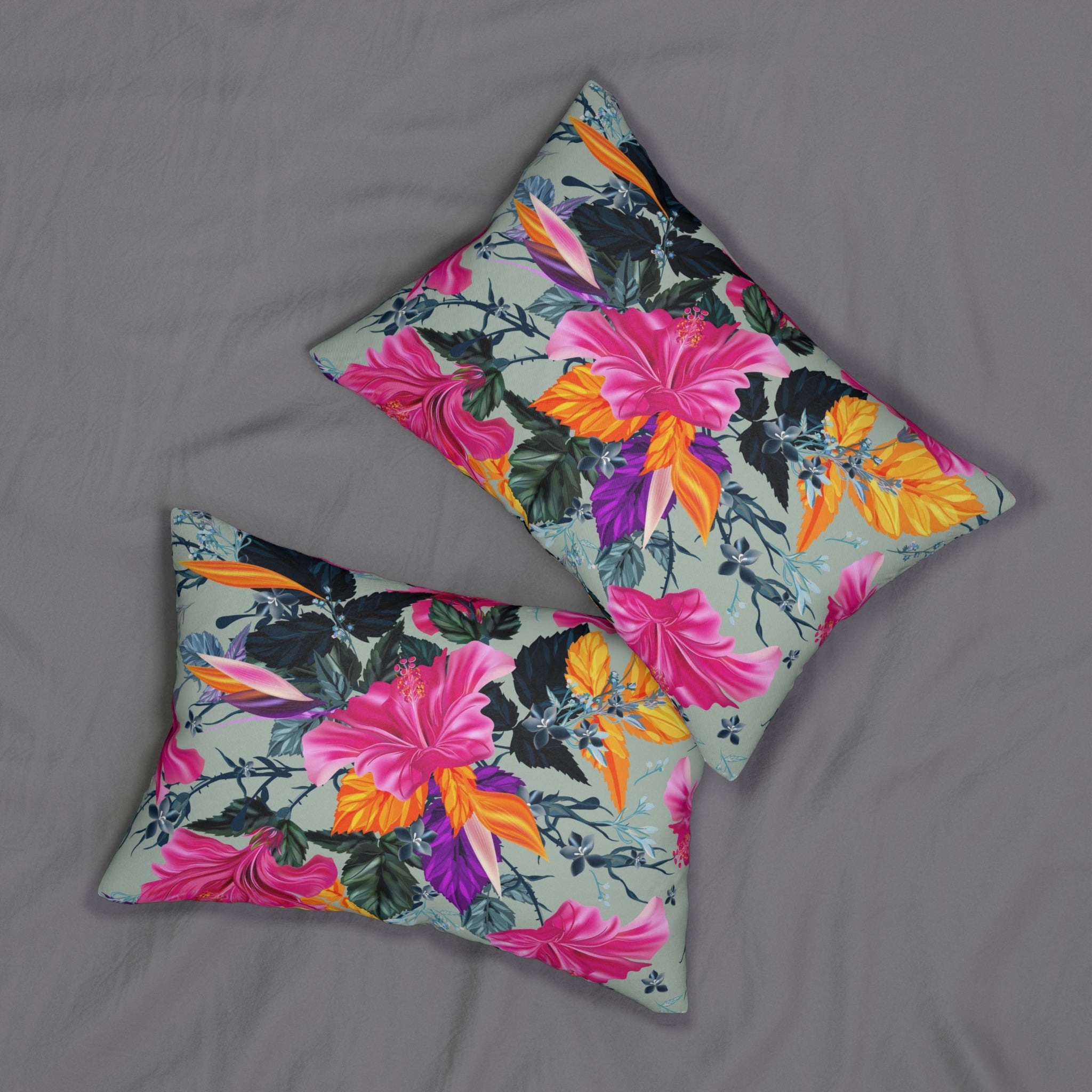 Boho Lumbar Pillow | Pink Hibiscus, Green Floral
