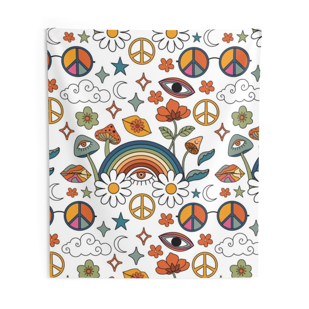 Retro Tapestry | Rainbow White Hippie Icons
