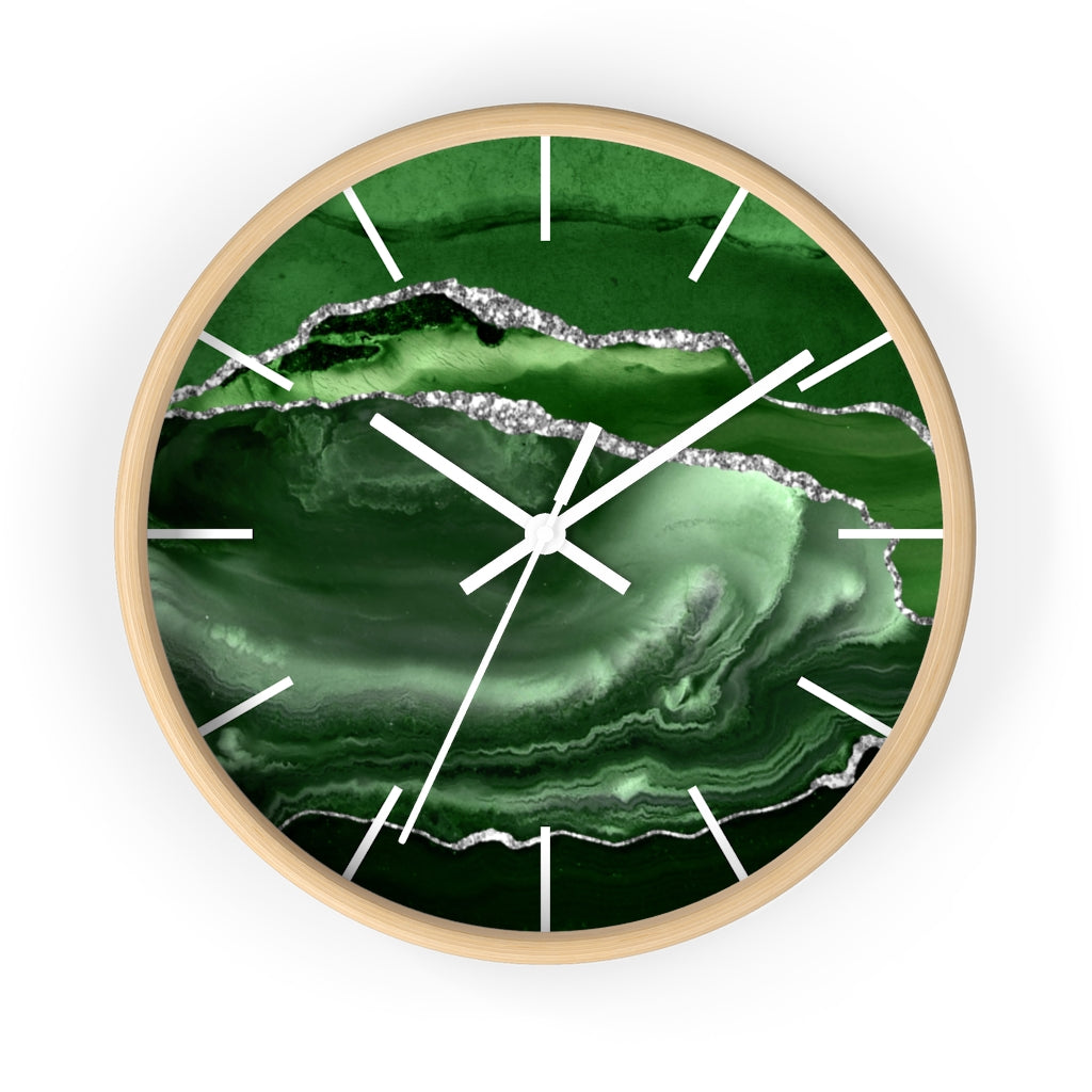 Marble Print, Wood, Wall Clock, Emerald Green 10"