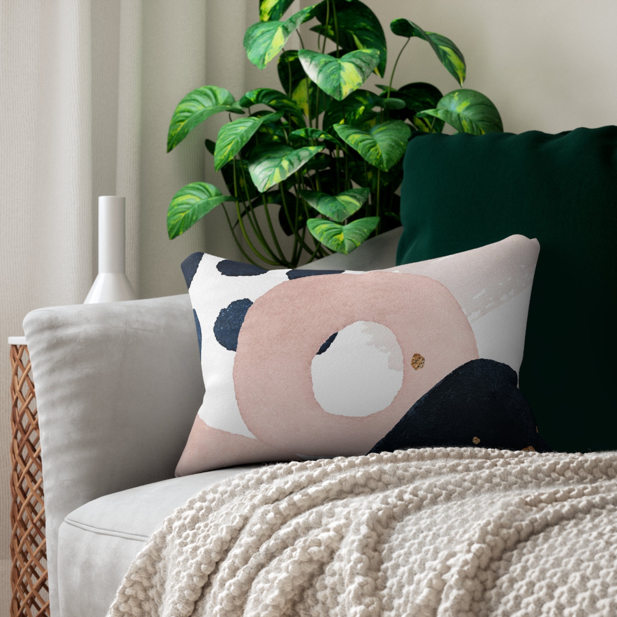 Boho Lumbar Pillow | Abstract Navy Blue, Blush Pink White