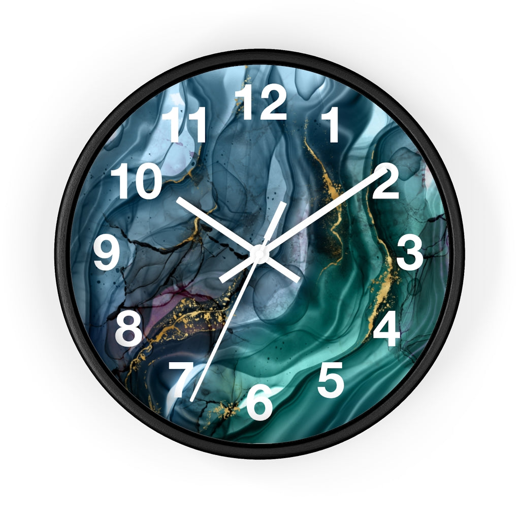 Marble Print, Navy Blue Green, Wood Wall Clock 10"