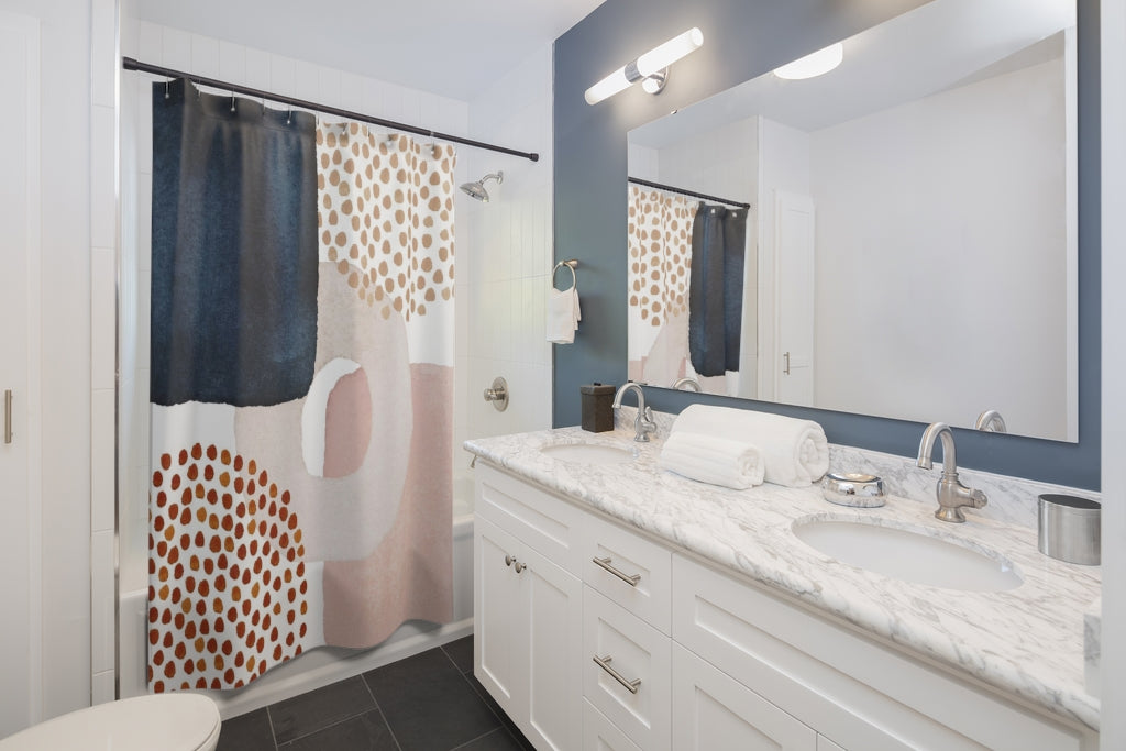 Abstract Boho Shower Curtain | Blush Pink Navy Blue Cream