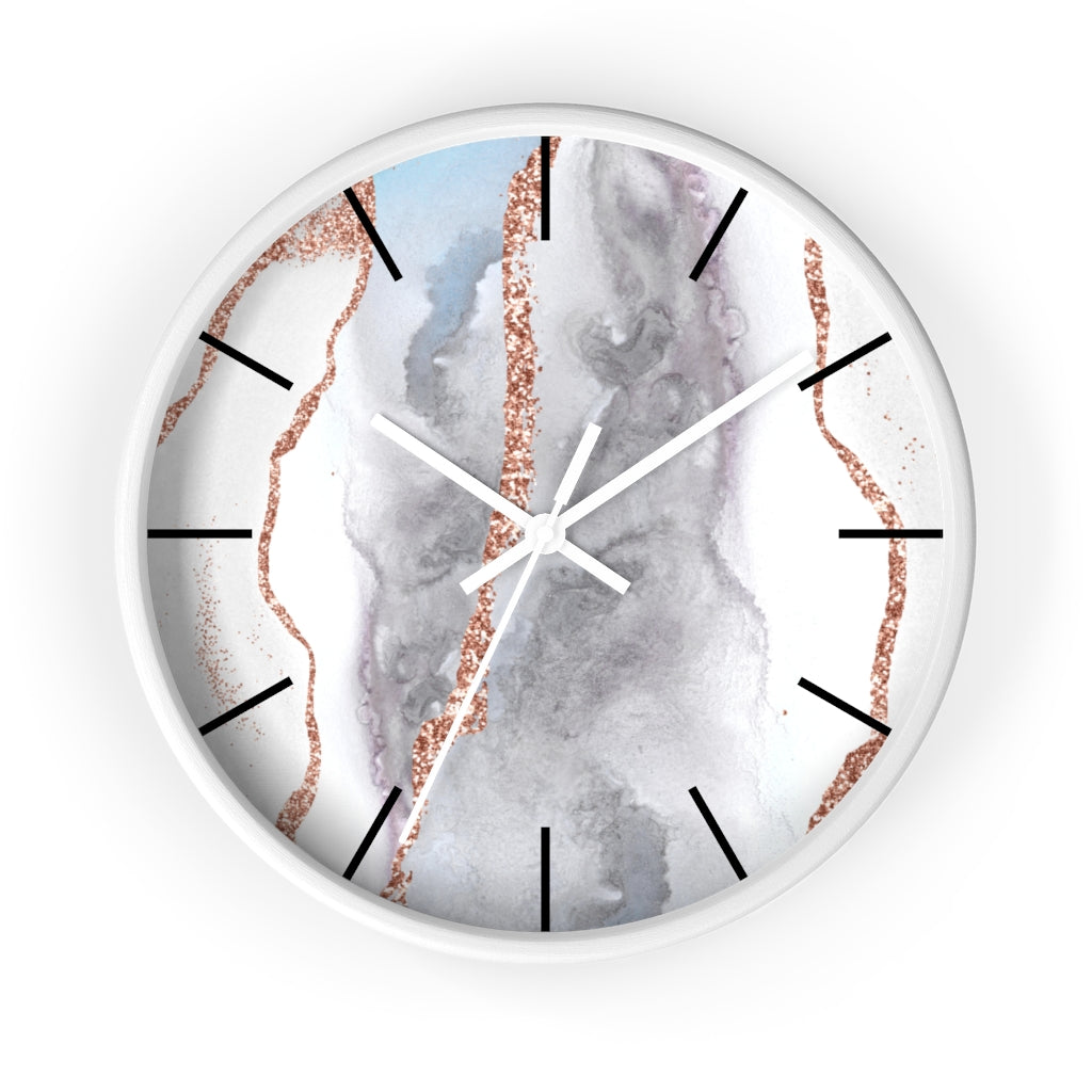 Marble Print, Wood, Wall Clock, Gray Gold 10"