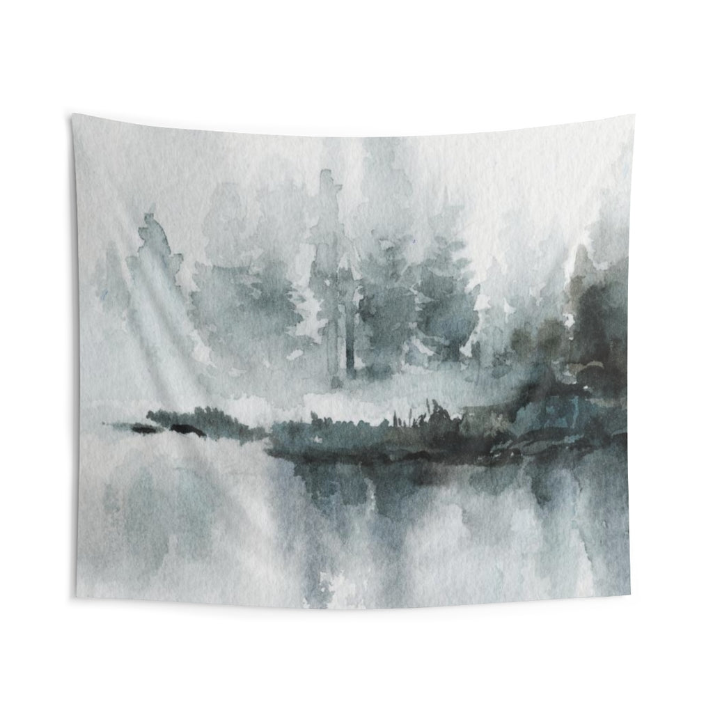 Landscape Tapestry | Grey Green Watercolor Lakeside Forest