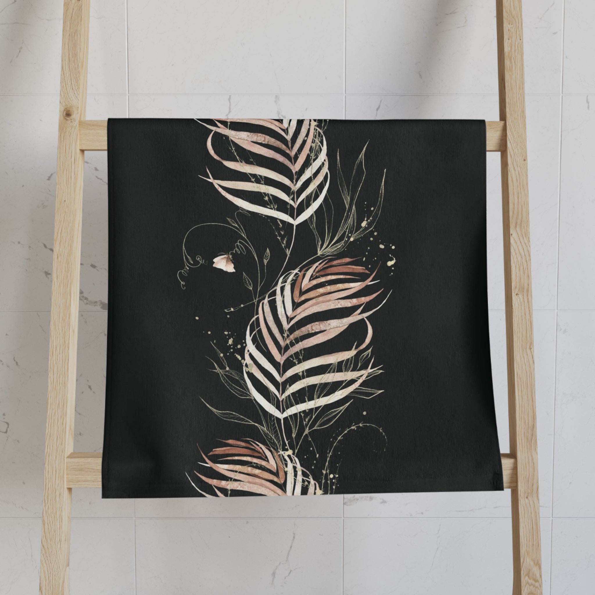 Floral Boho Kitchen, Bath Hand Towel | Jungle Black Beige Brown Leaves