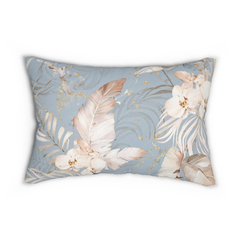 Floral Boho Lumbar Pillow | Sky Blue Cream Tropical Leaves