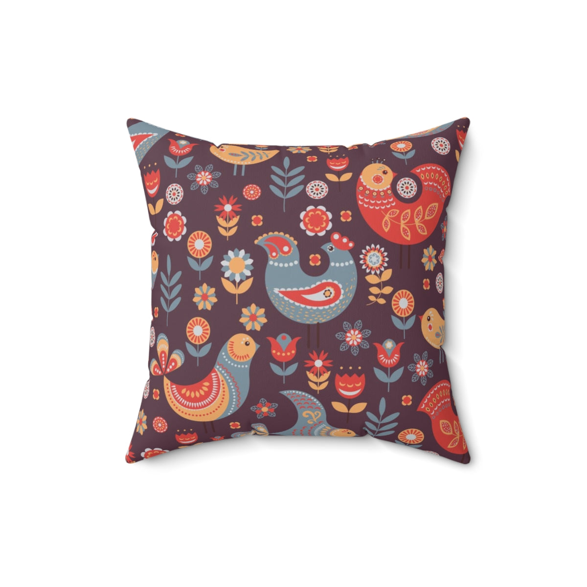 Scandi Nordic Boho Square Pillow Cover | Burgundy Folk Birds