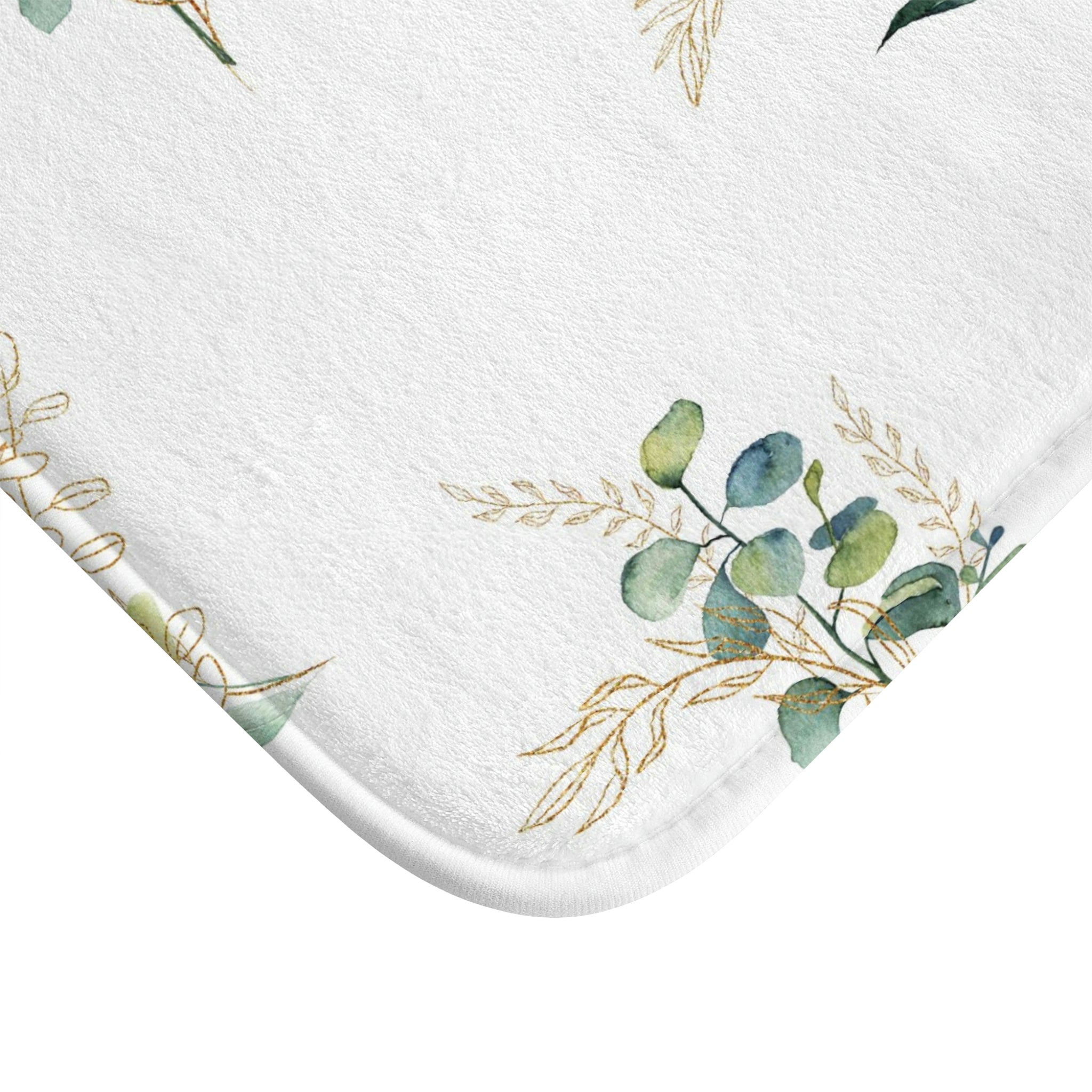 Boho Floral Bath, Kitchen Mat | Sage Green, White Eucalyptus Leaves