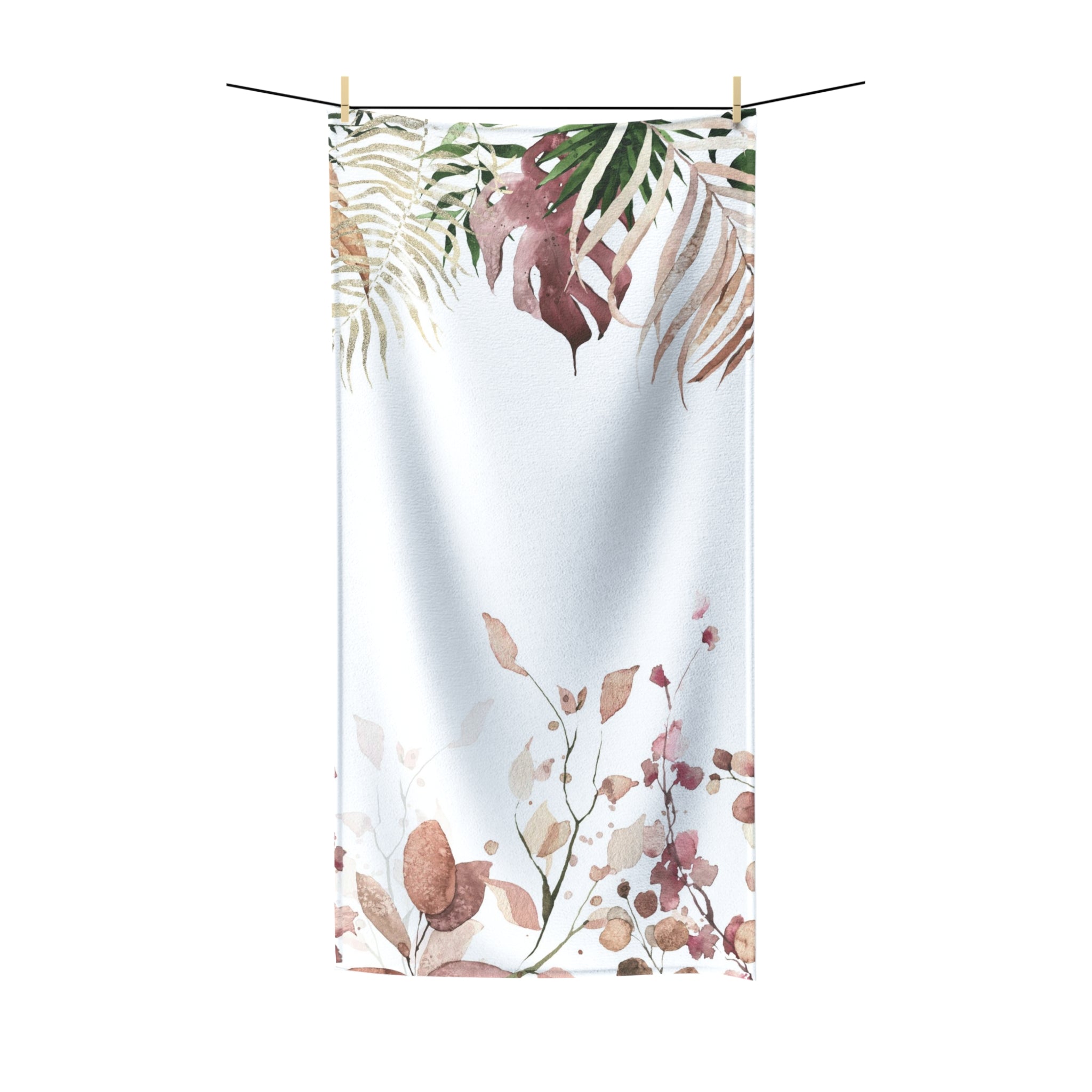 Floral Boho Bath Beach Towel | White Earthy Beige Monstera Jungle Leaves