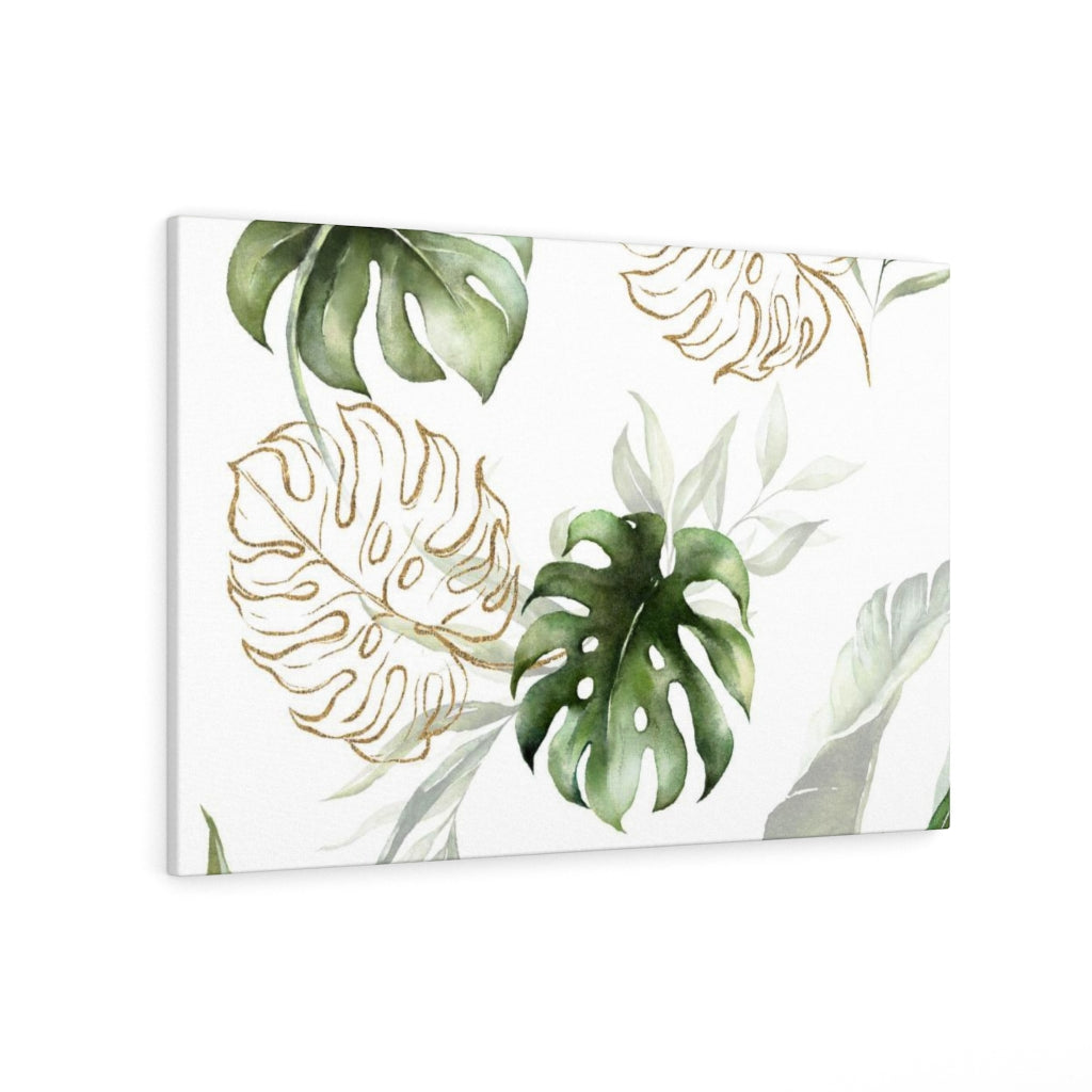 FLORAL WALL CANVAS ART | White Green Gold Tropical Leaves