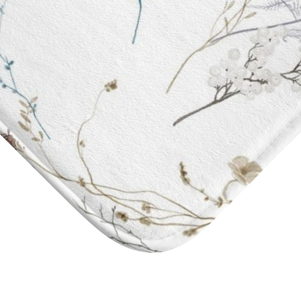 Cute Boho Bath Mat | White Lavender Green Floral | Wild Flowers