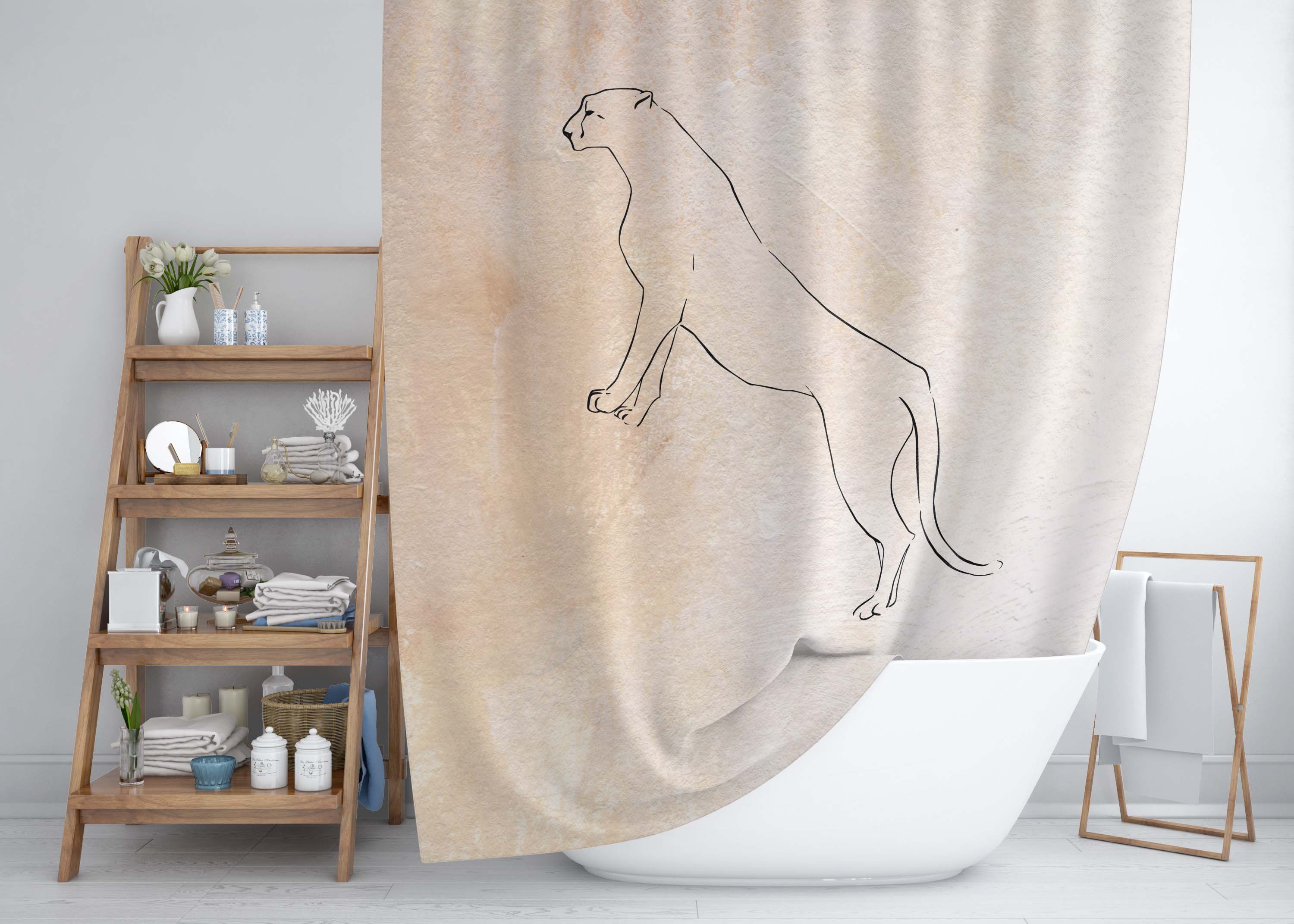 Terracotta Shower Curtain | Beige Cream Cat | One Line Art