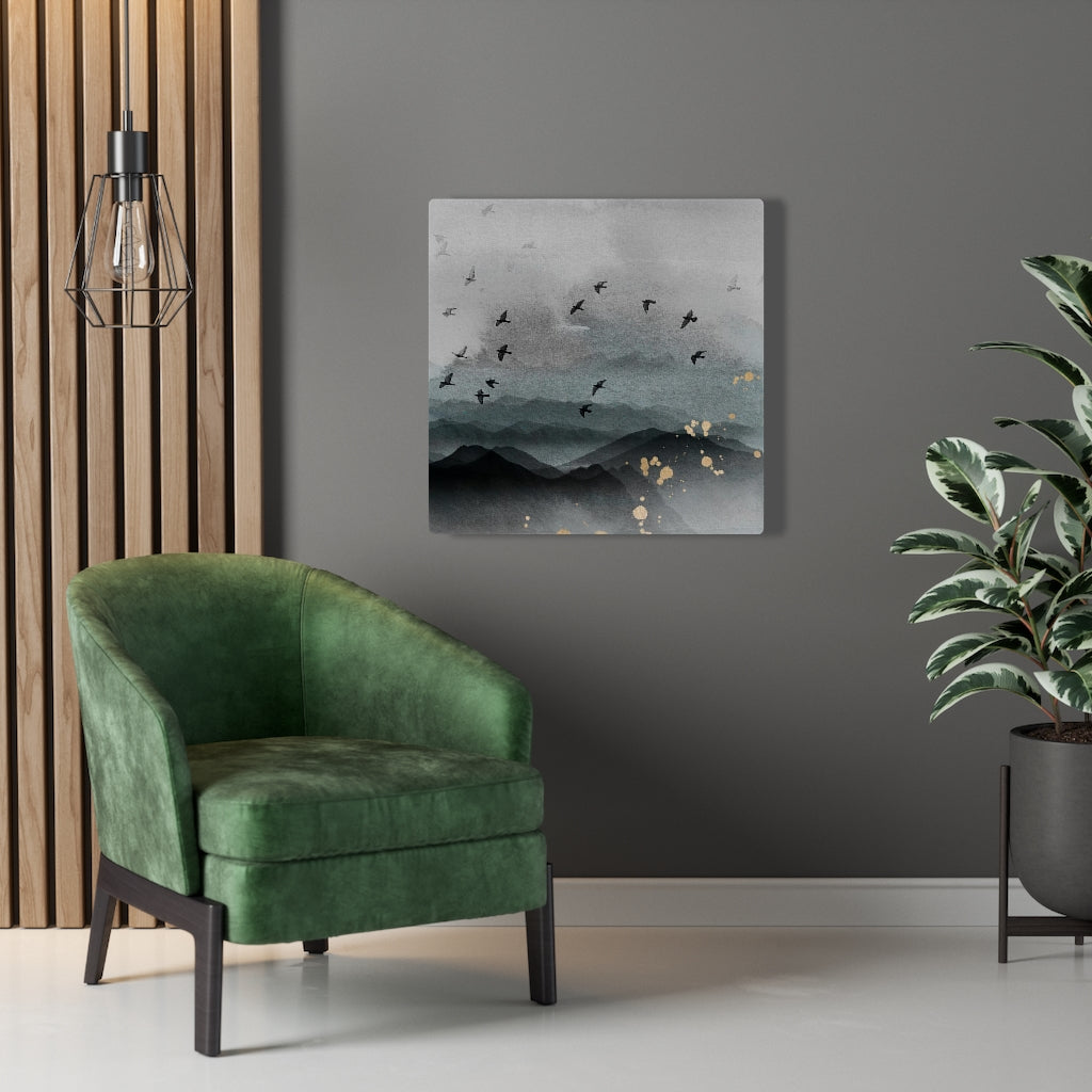 WHIMSICAL WALL CANVAS ART | Grey Blue Ombre Gold Birds
