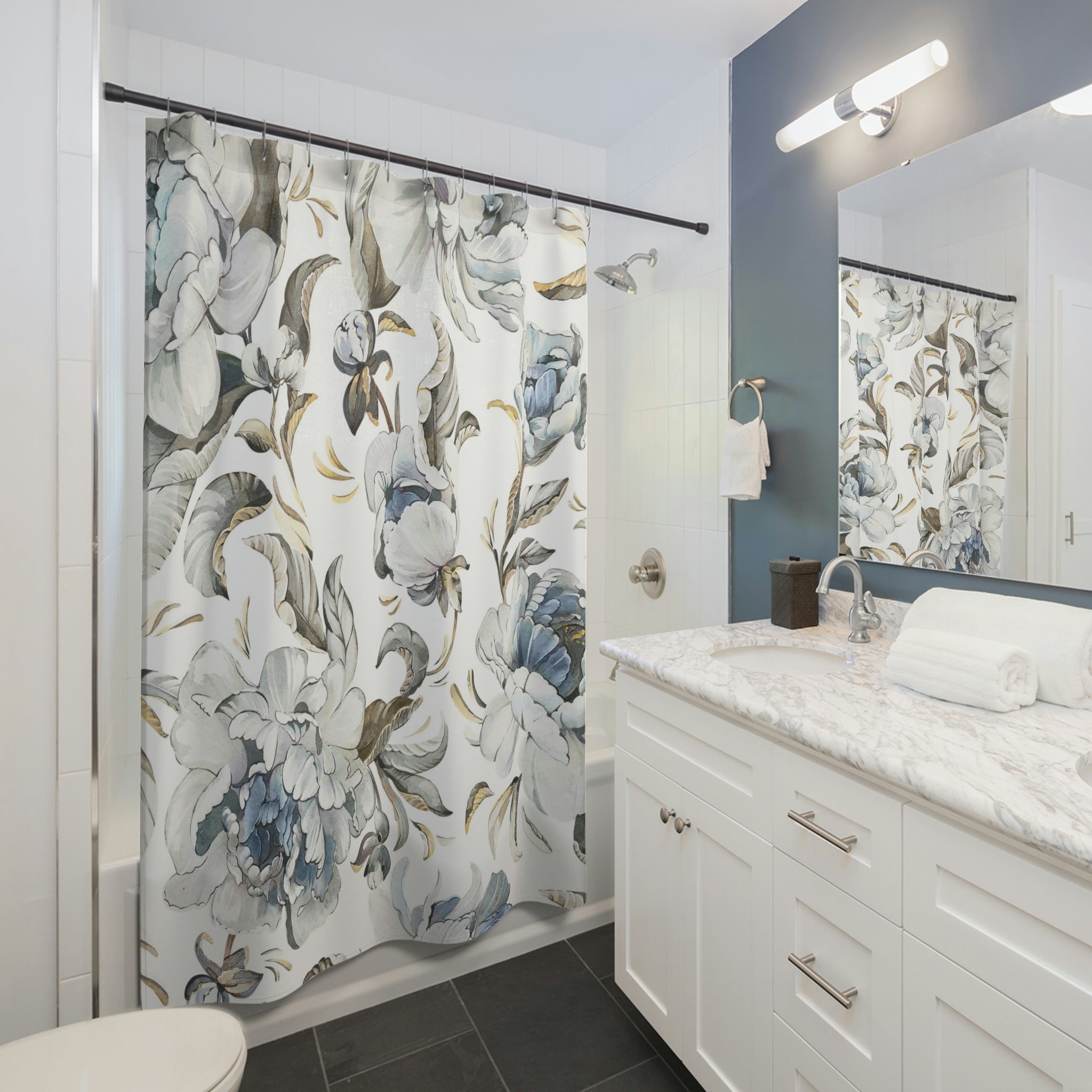 boho shower curtain | White Blue Beige Peonies Floral
