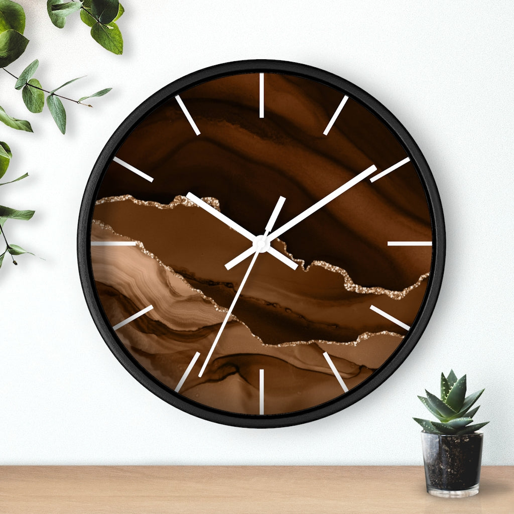 Marble Print, Wood, Wall Clock, Beige Brown 10"