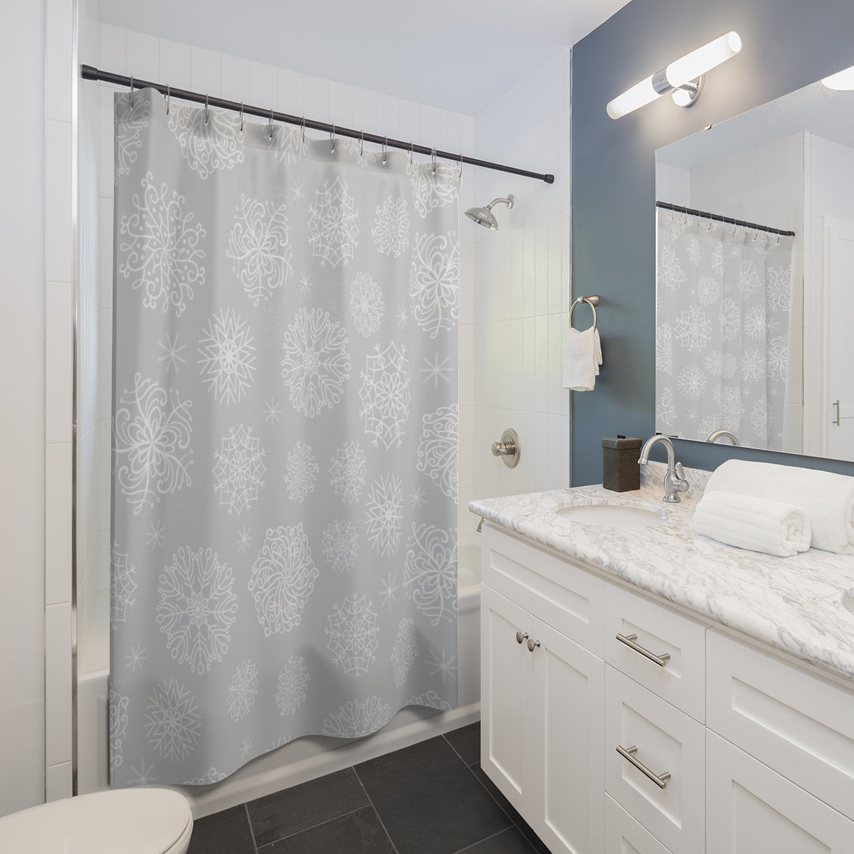 Christmas Shower Curtain | Gray White Snowflakes