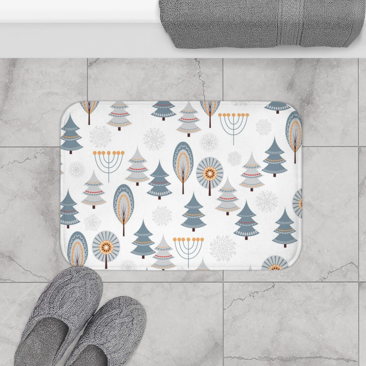 Christmas Bath Mat | Gray White Forest Trees