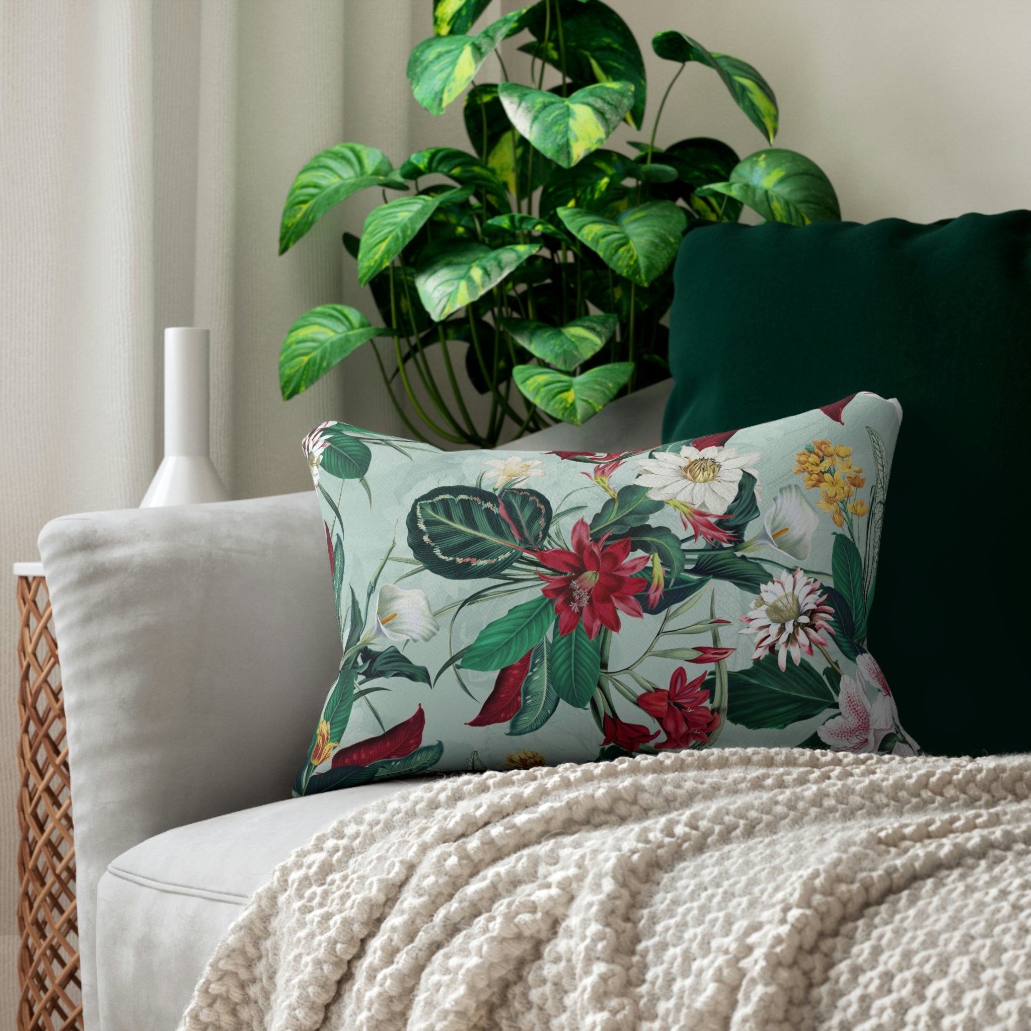 Boho Lumbar Pillow | Floral Green Red, Jungle