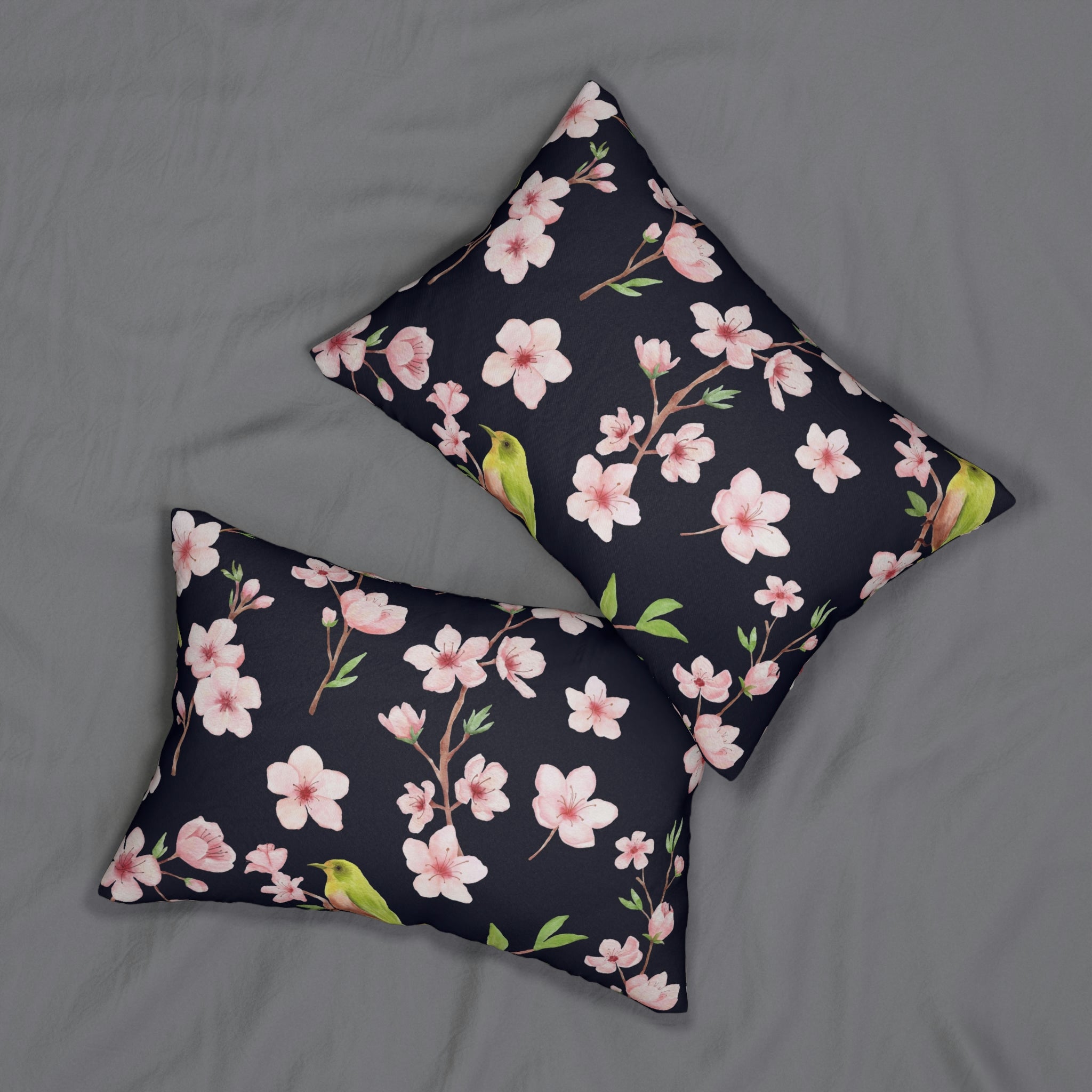 Sakura Lumbar Pillow | Pink Floral, Green Bird, Black