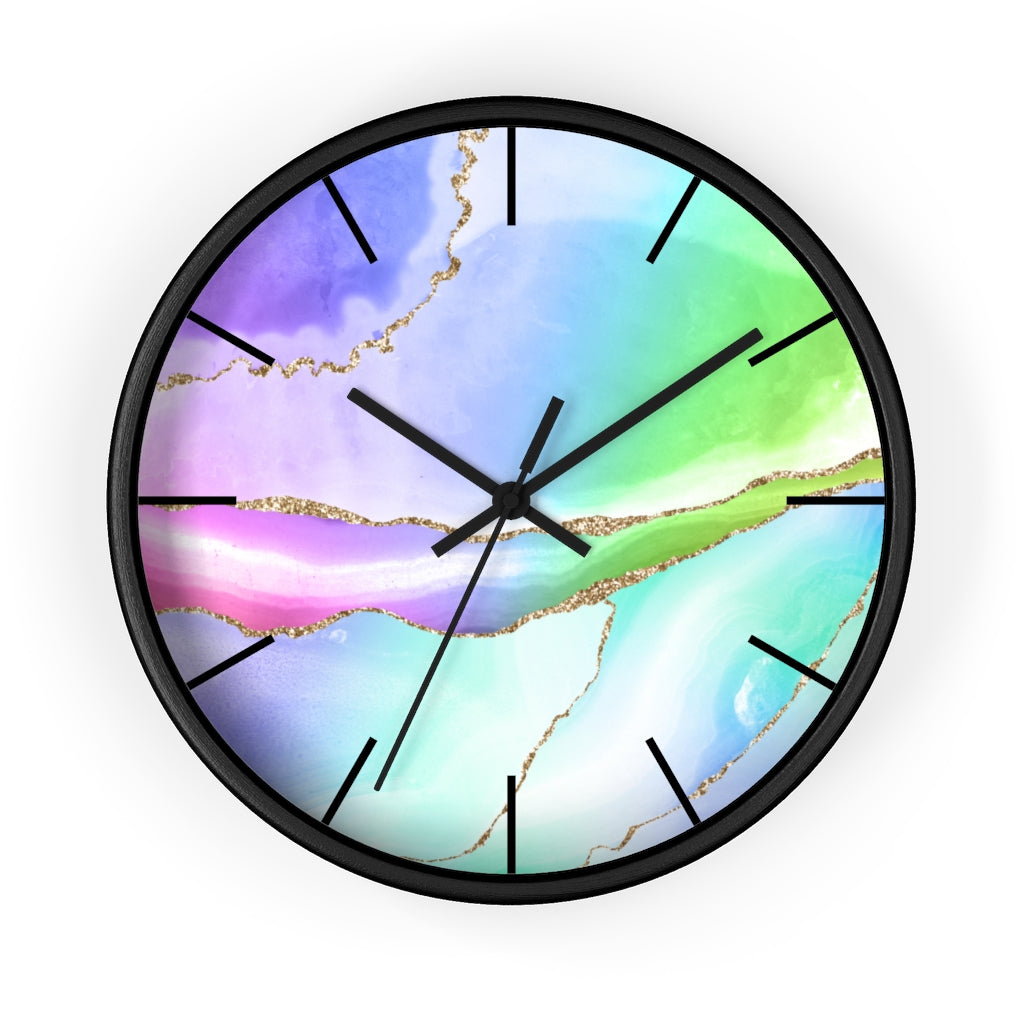 Marble Print, Wood, Wall Clock, Rainbow Colors 10"