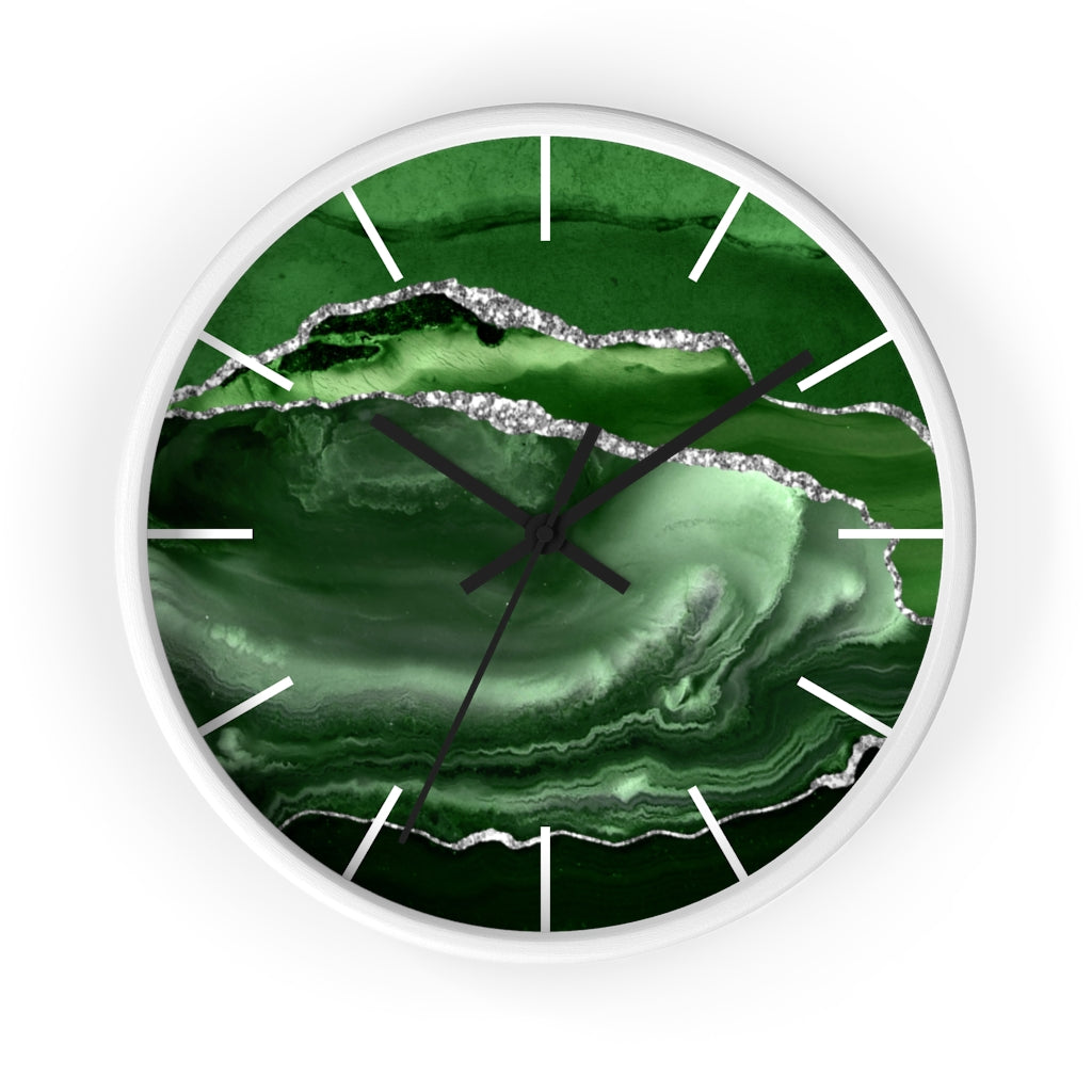 Marble Print, Wood, Wall Clock, Emerald Green 10"