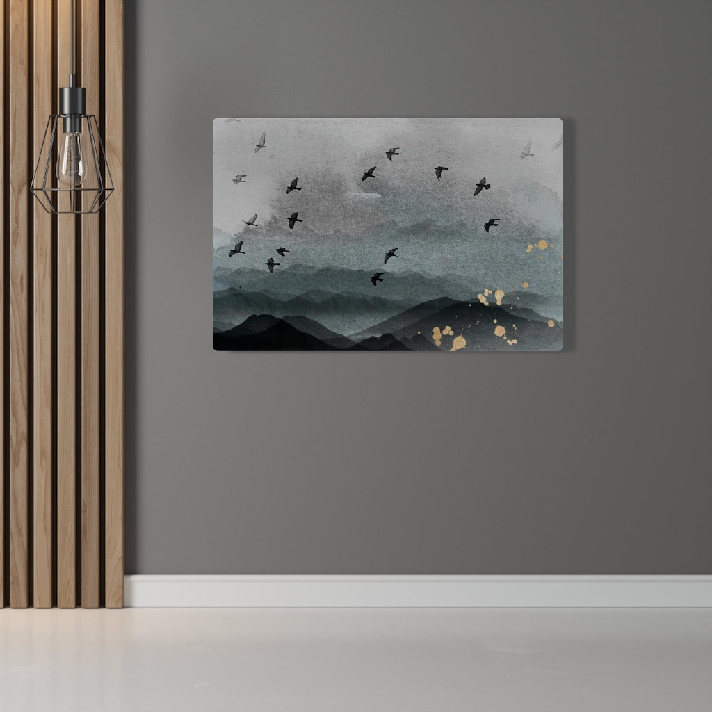 WHIMSICAL WALL CANVAS ART | Grey Blue Ombre Gold Birds