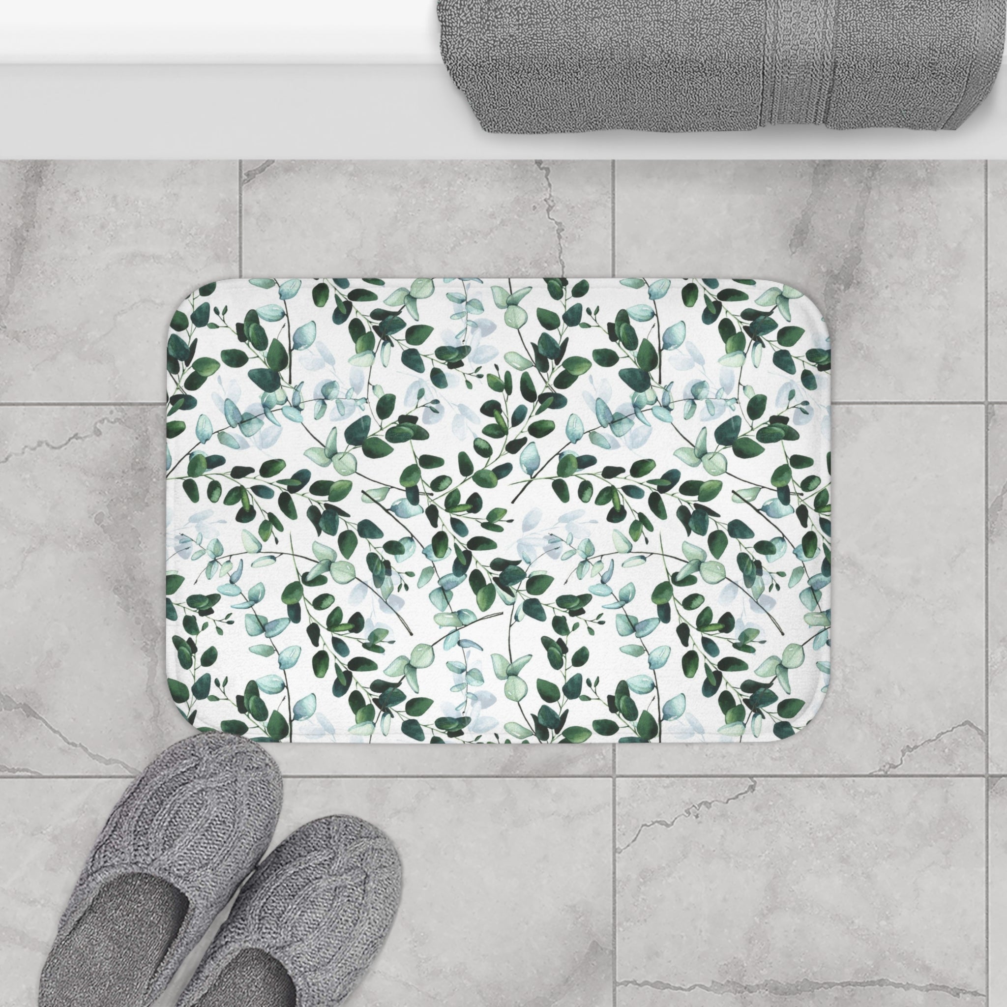 Floral Boho Bath, Kitchen Mat, Rug | Forest Sage Green White
