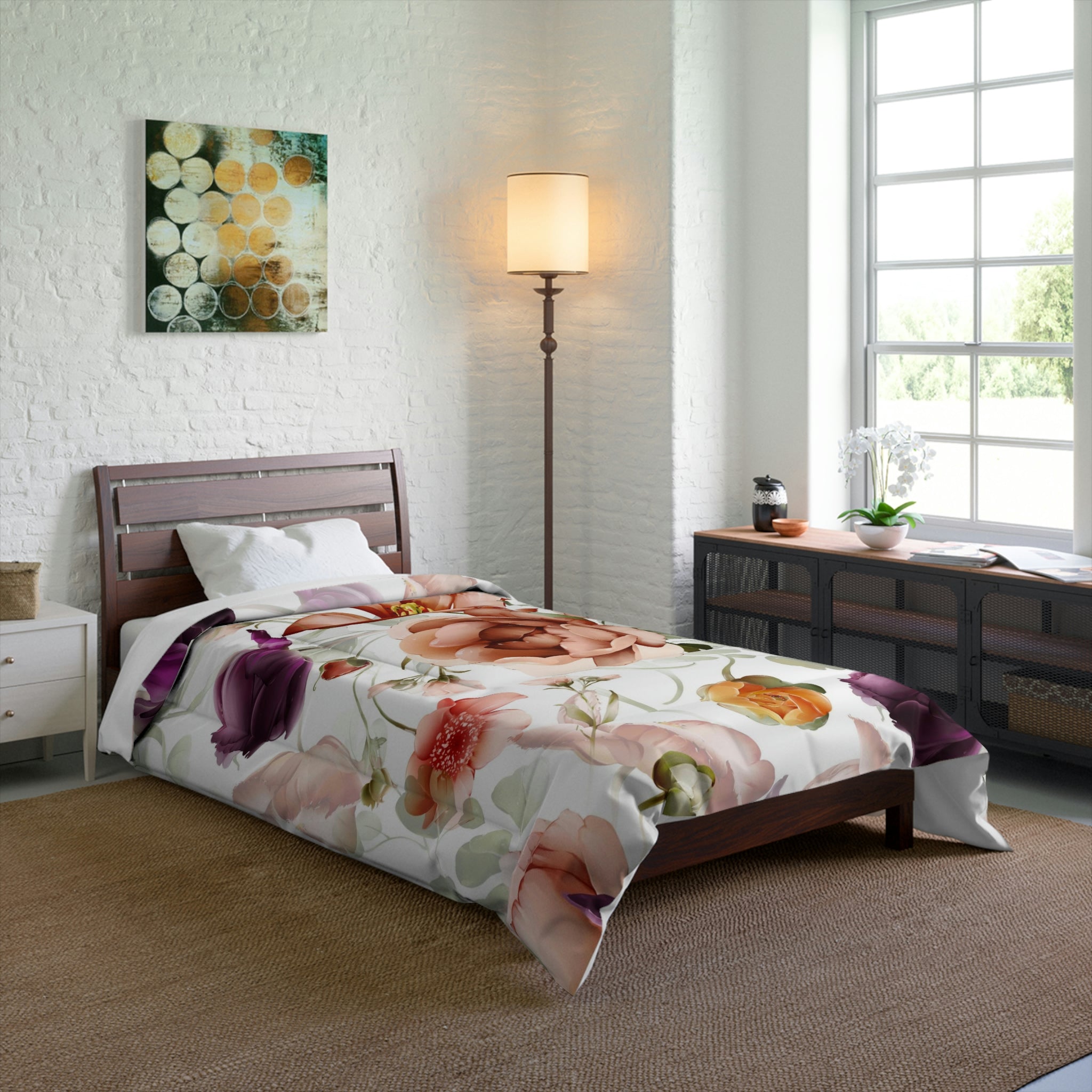 Floral Comforter | White Purple Rust Peonies Garden