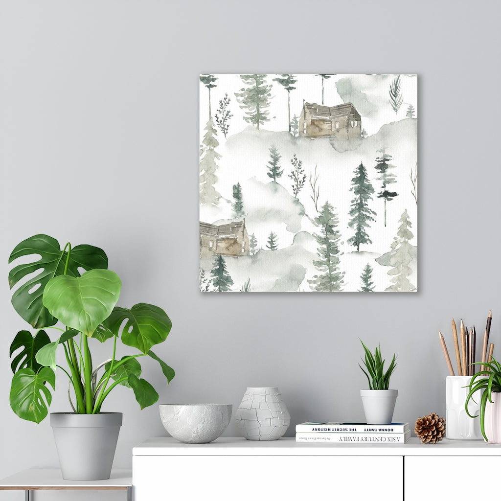 FLORAL WALL CANVAS ART | Green White Brown Forest Cabin