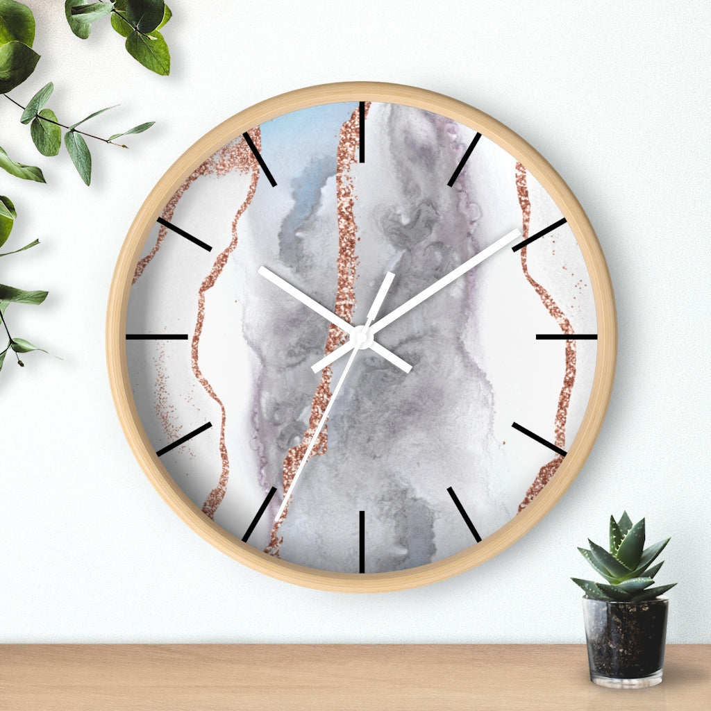Marble Print, Wood, Wall Clock, Gray Gold 10"