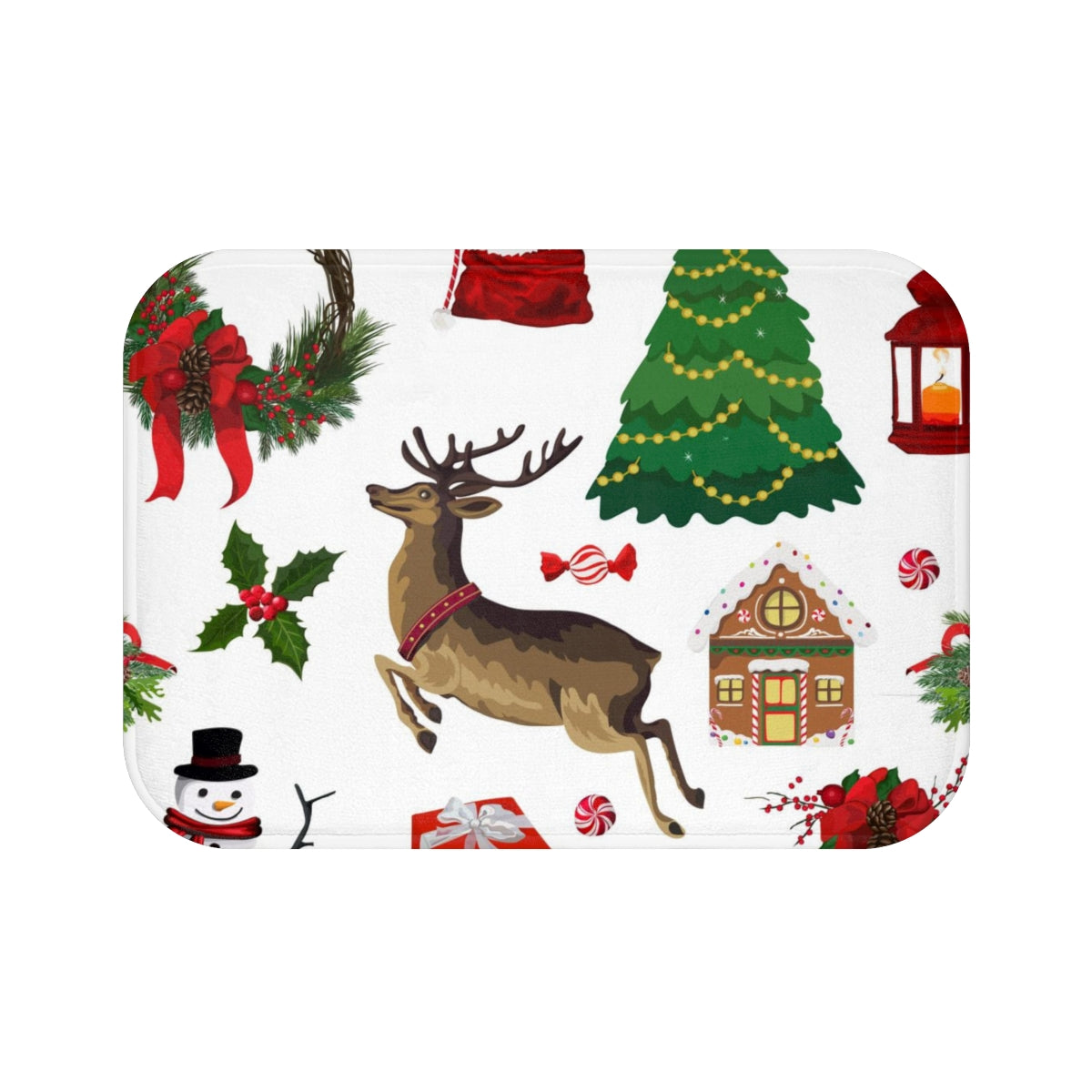 Christmas Bath Mat | White Reindeer Festive Trees