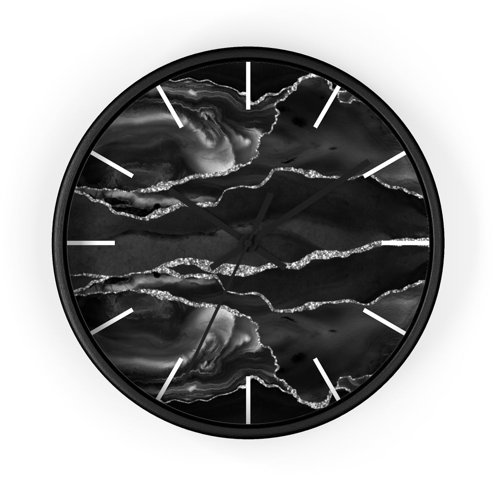 Marble Print, Wood, Wall Clock, Black Silver 10"