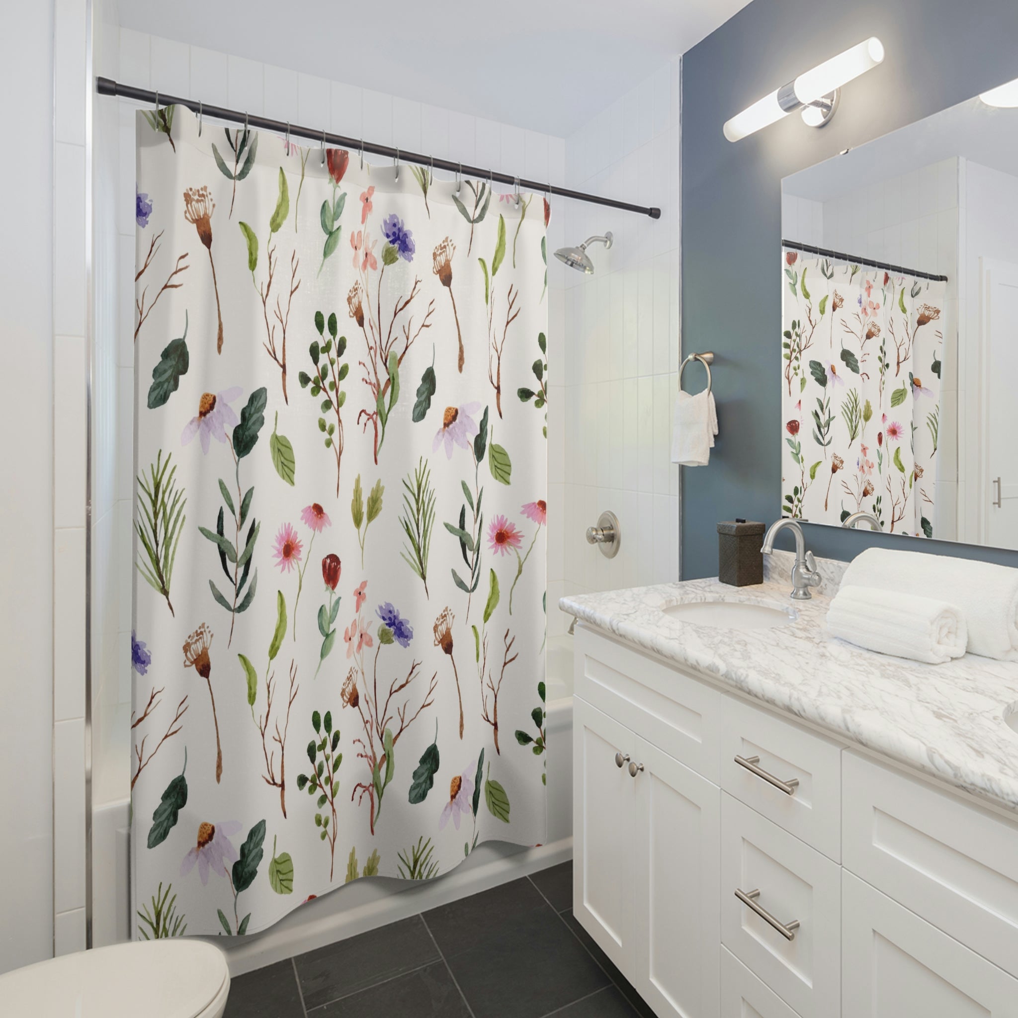 boho shower curtain | Wild Flowers, Green