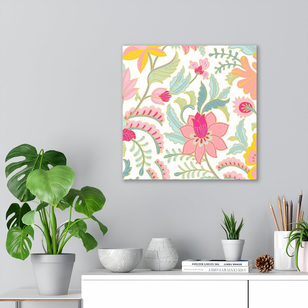 FLORAL WALL CANVAS ART | Teal White Pink Yellow