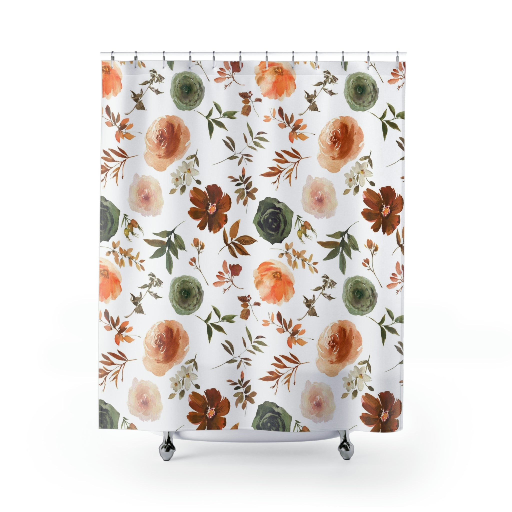 Boho Shower Curtain | Sage Green, Brown Beige White Flowers