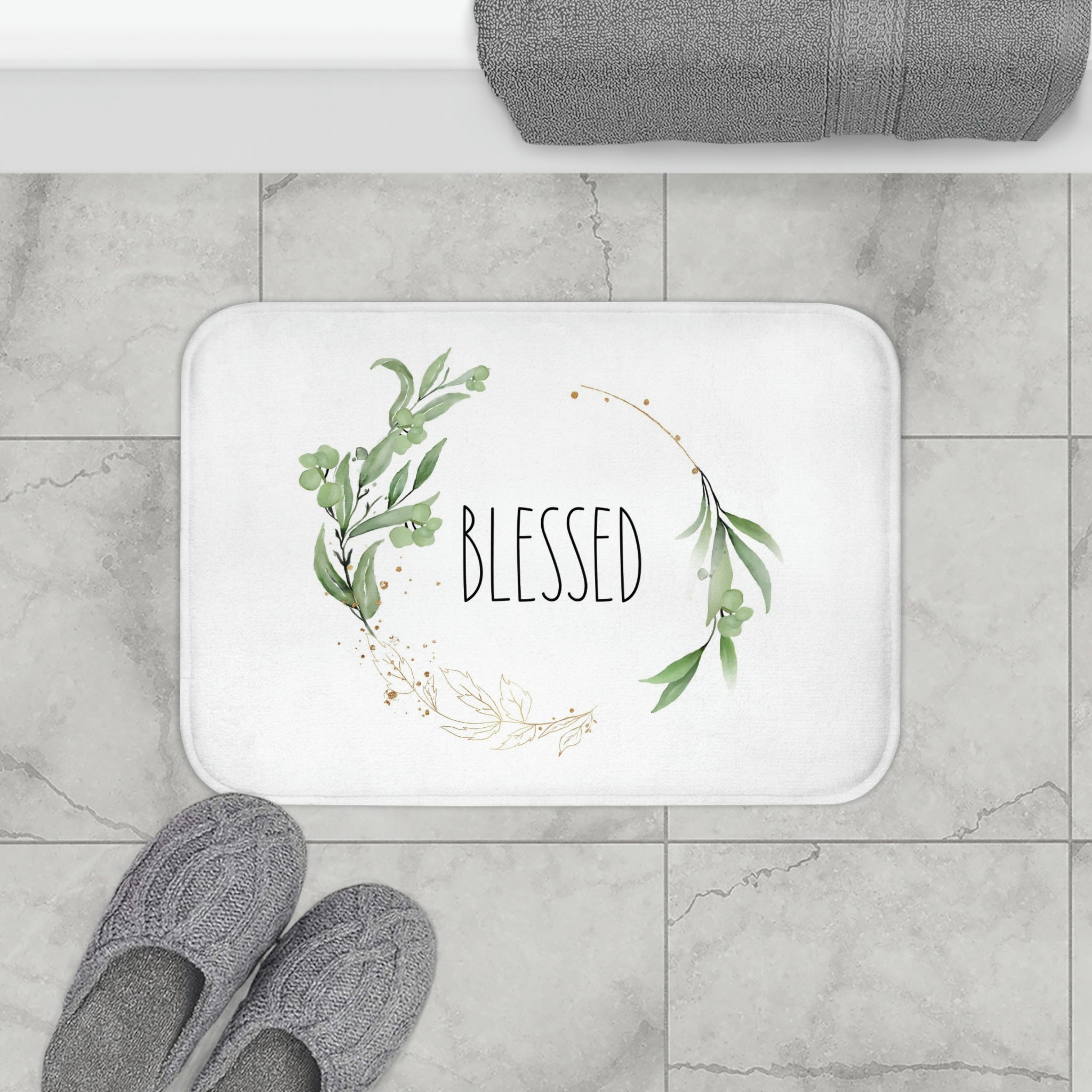 Floral Wreath Bath, Kitchen Mat | Sage Green Blessed