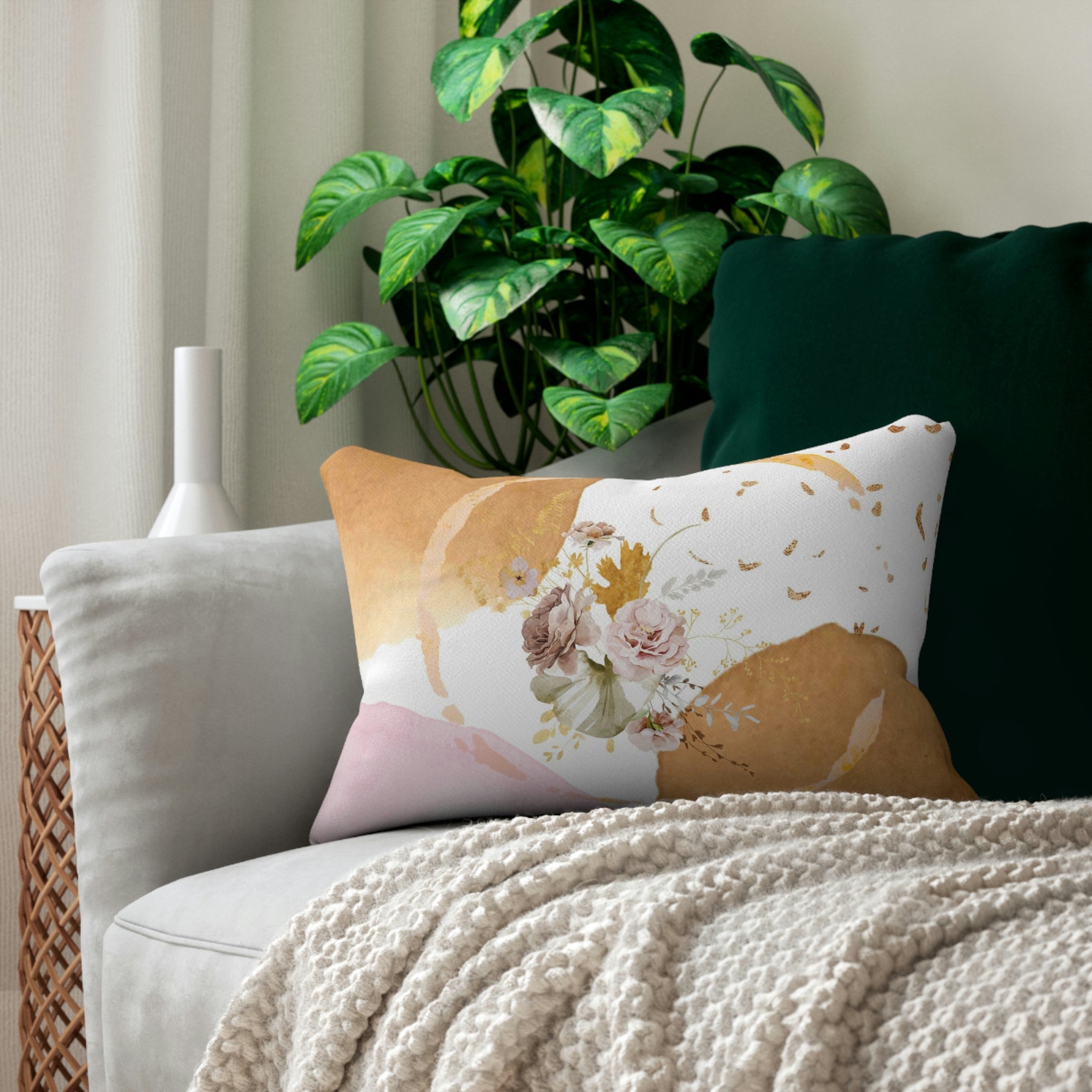 Abstract Lumbar Pillow | Beige White Floral