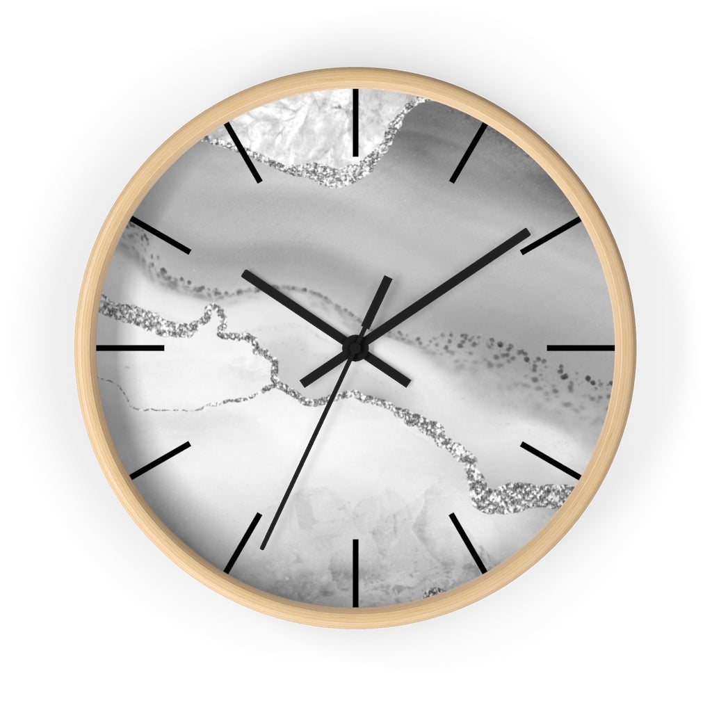 Marble Print, Wood, Wall Clock, Gray Silver 10"