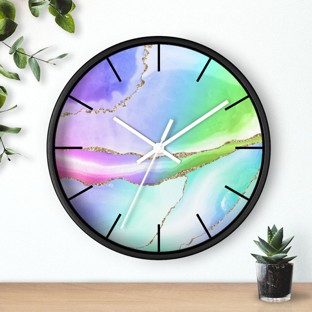 Marble Print, Wood, Wall Clock, Rainbow Colors 10"