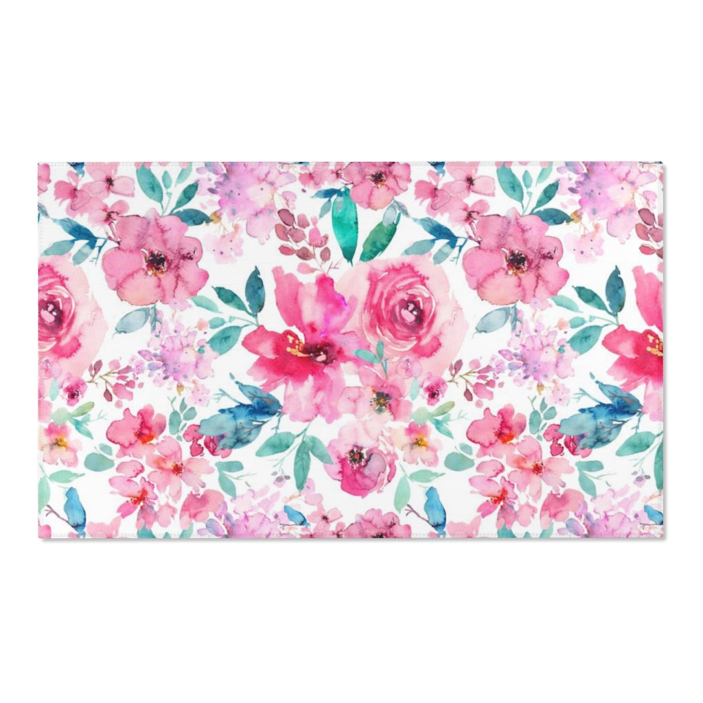 Floral Area Rug | Pink Peonies Teal