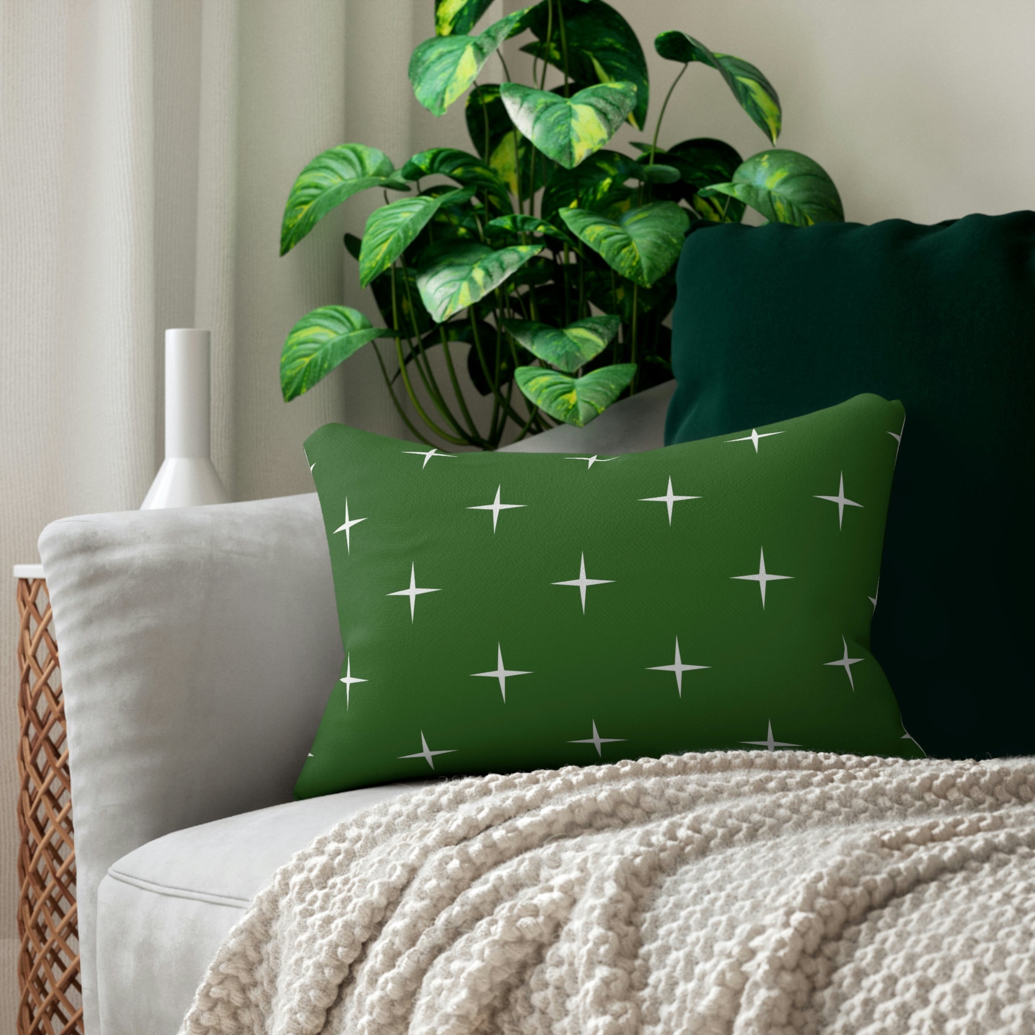 Mid Century Lumbar Pillow | White Green Atomic Stars
